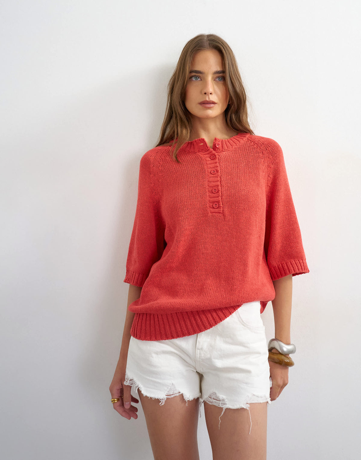 Topshop knitted henley t-shirt in red