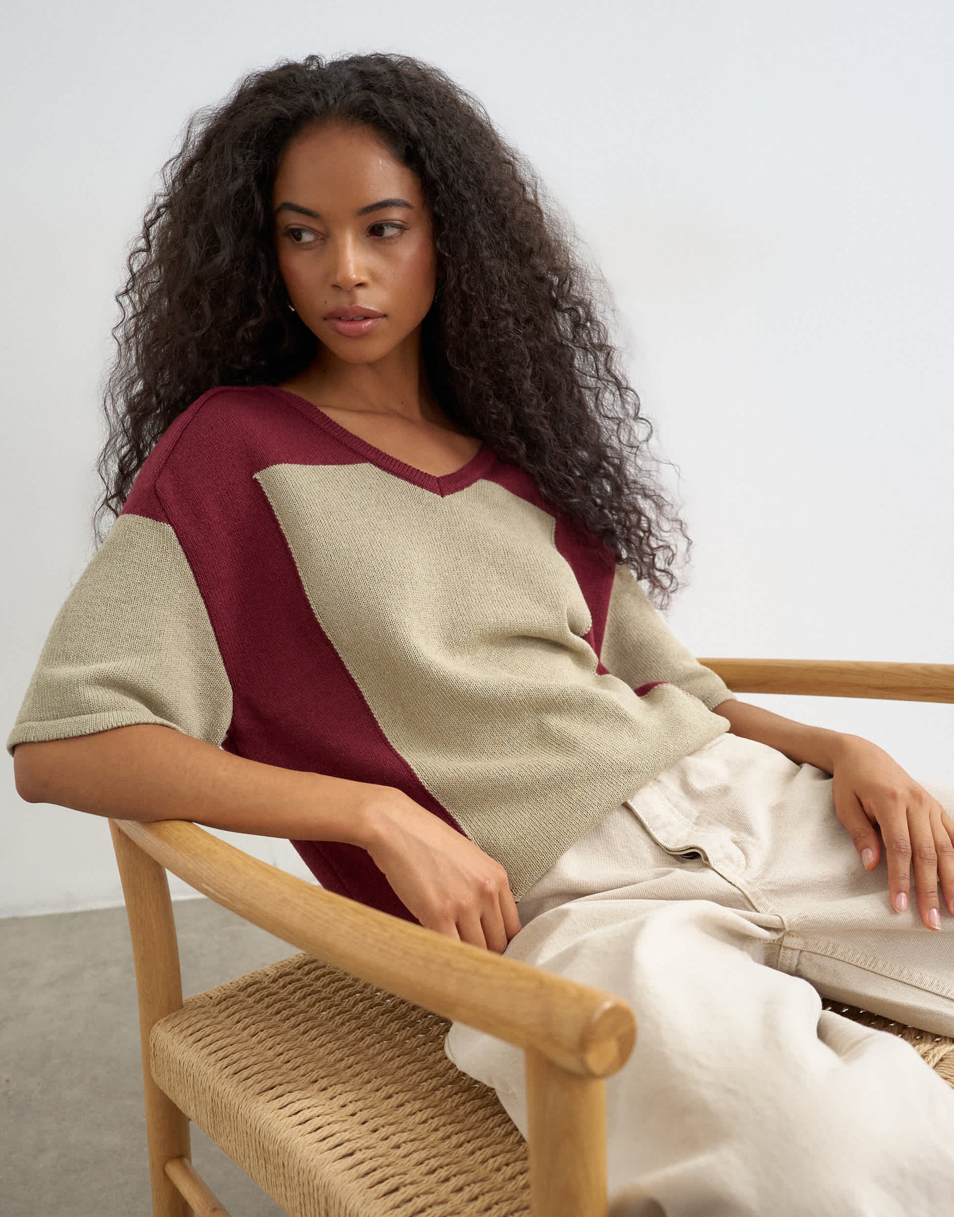 Topshop knitted drawstring colour block top in red berry and khaki
