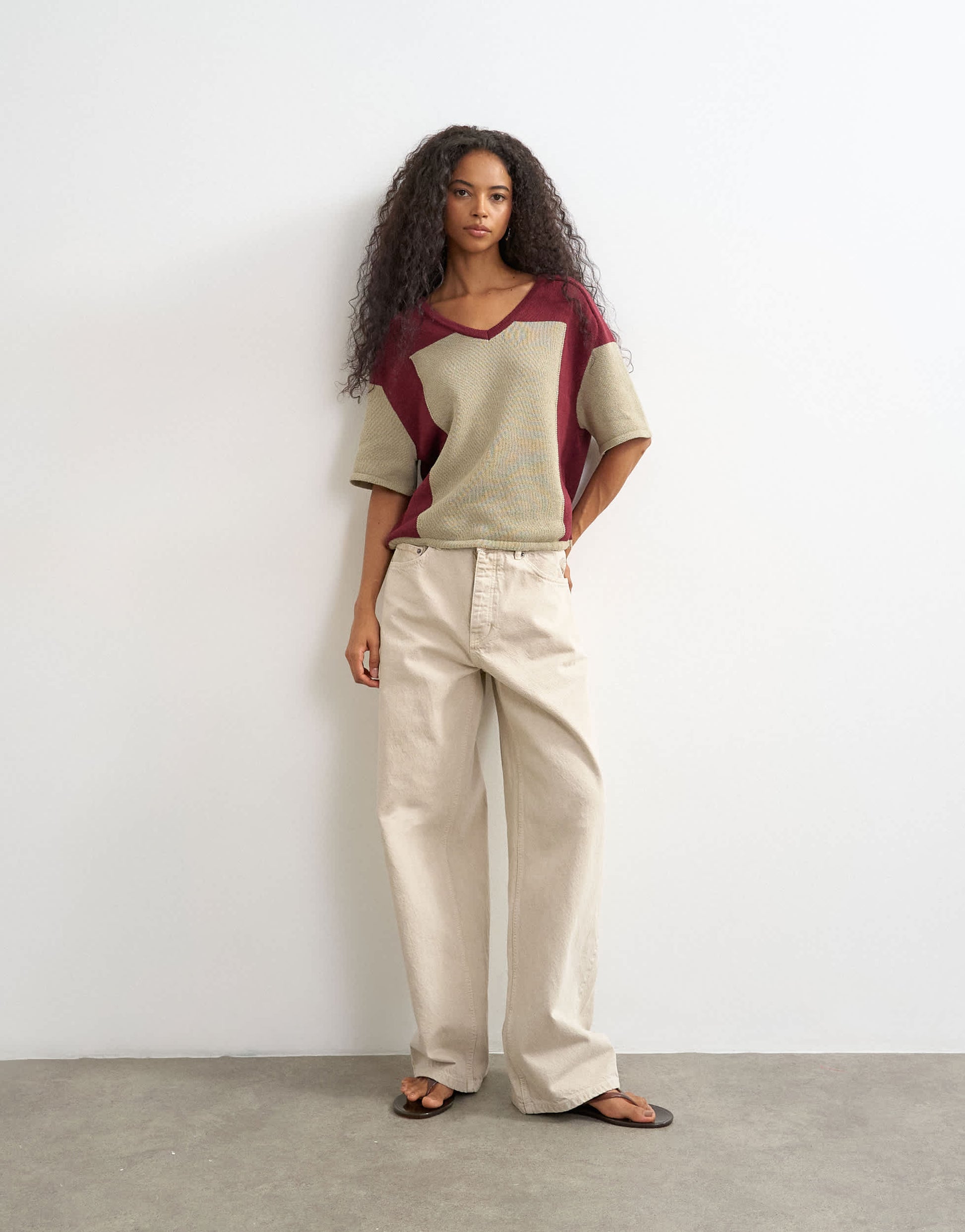 Topshop knitted drawstring colour block top in red berry and khaki
