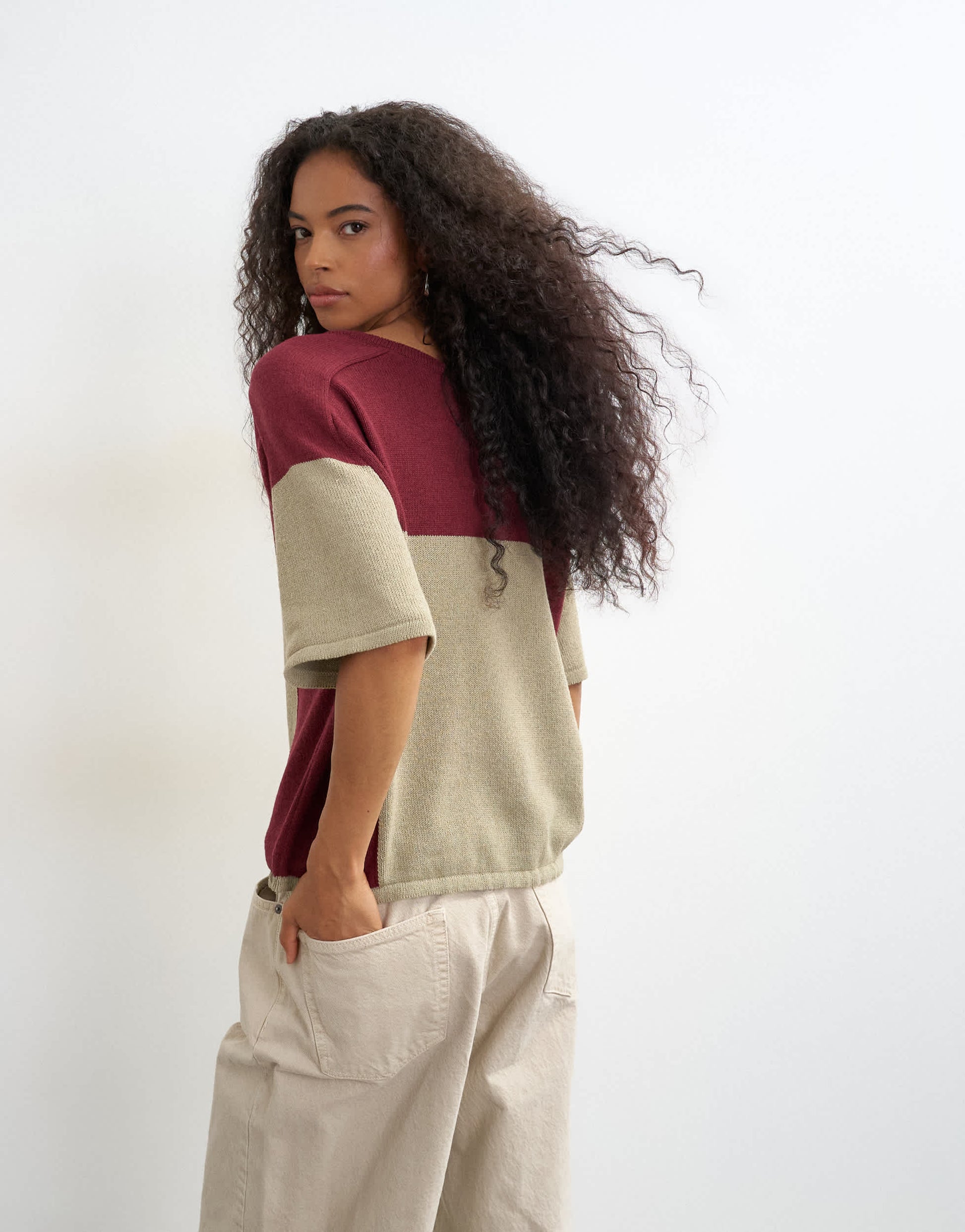 Topshop knitted drawstring colour block top in red berry and khaki