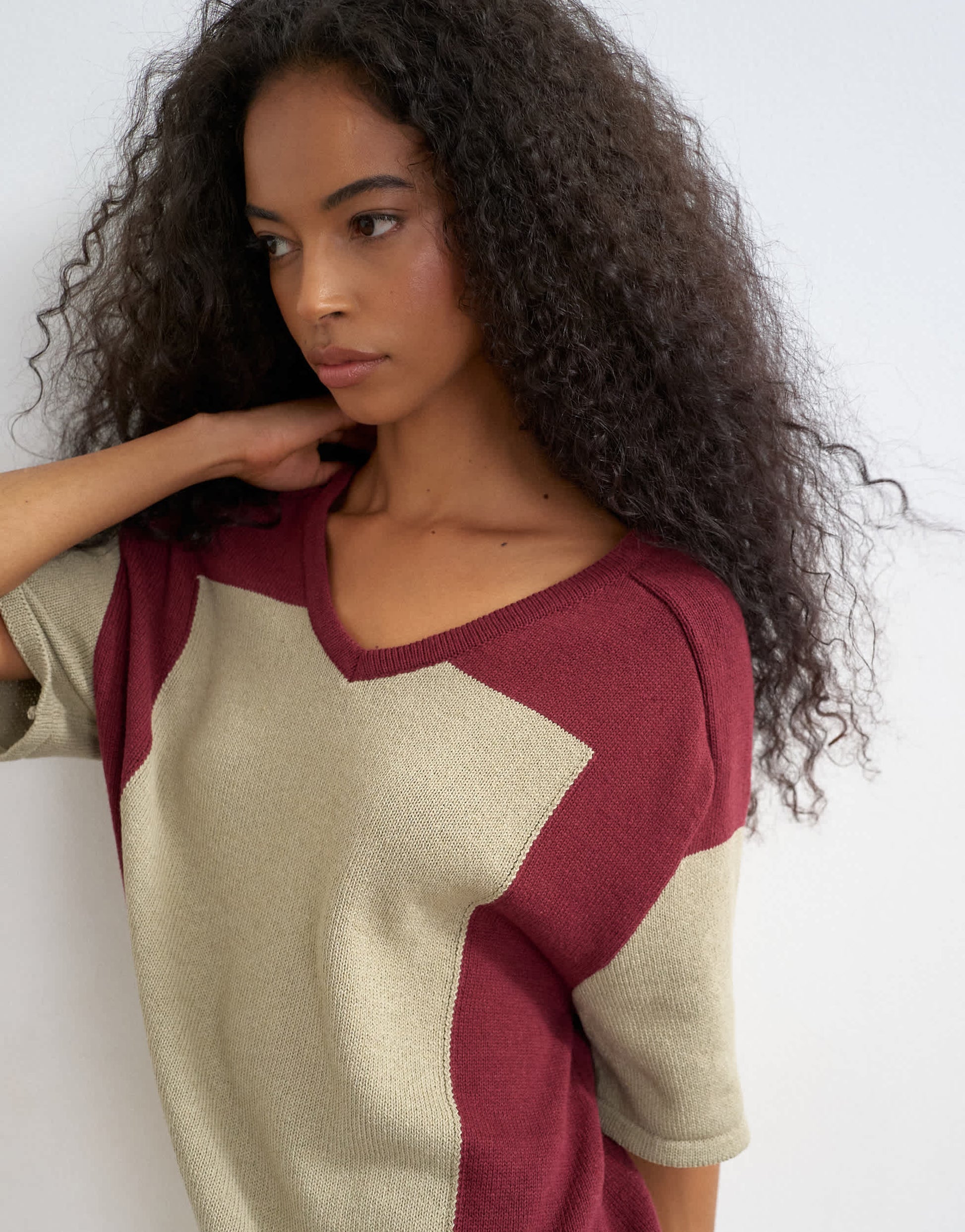 Topshop knitted drawstring colour block top in red berry and khaki