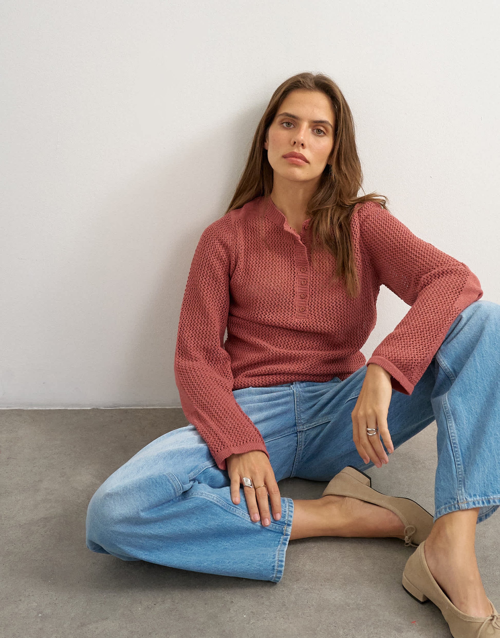 Topshop knitted fine gauge henley top in rust red