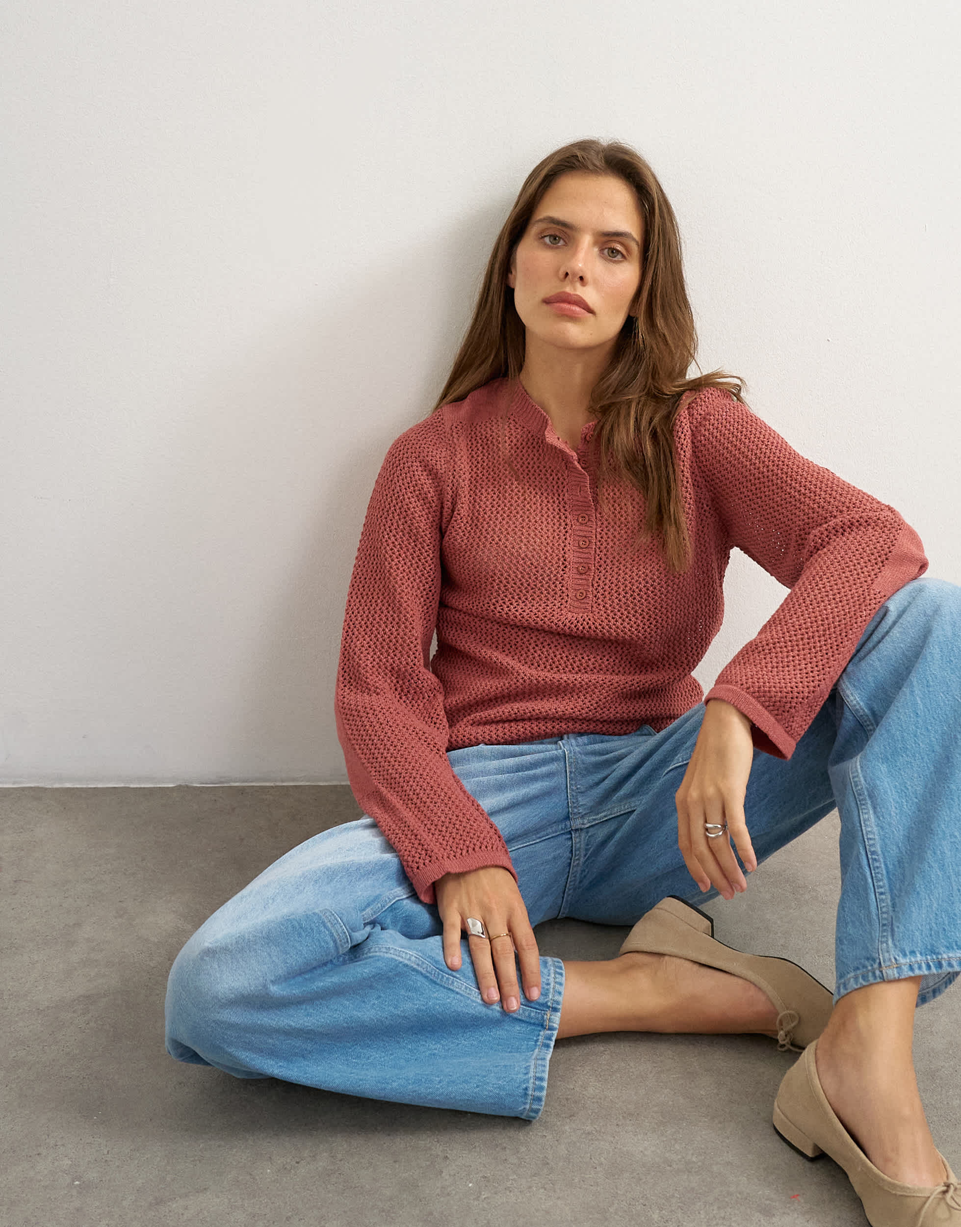 Topshop knitted fine gauge henley top in rust red