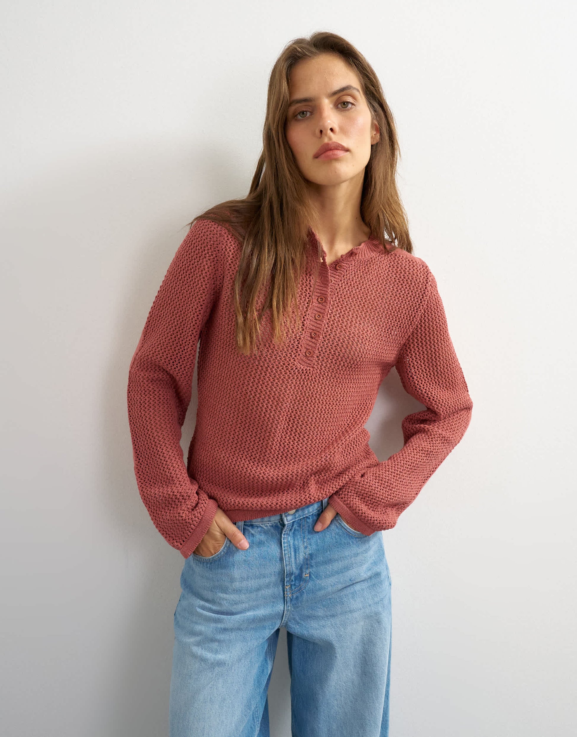Topshop knitted fine gauge henley top in rust red
