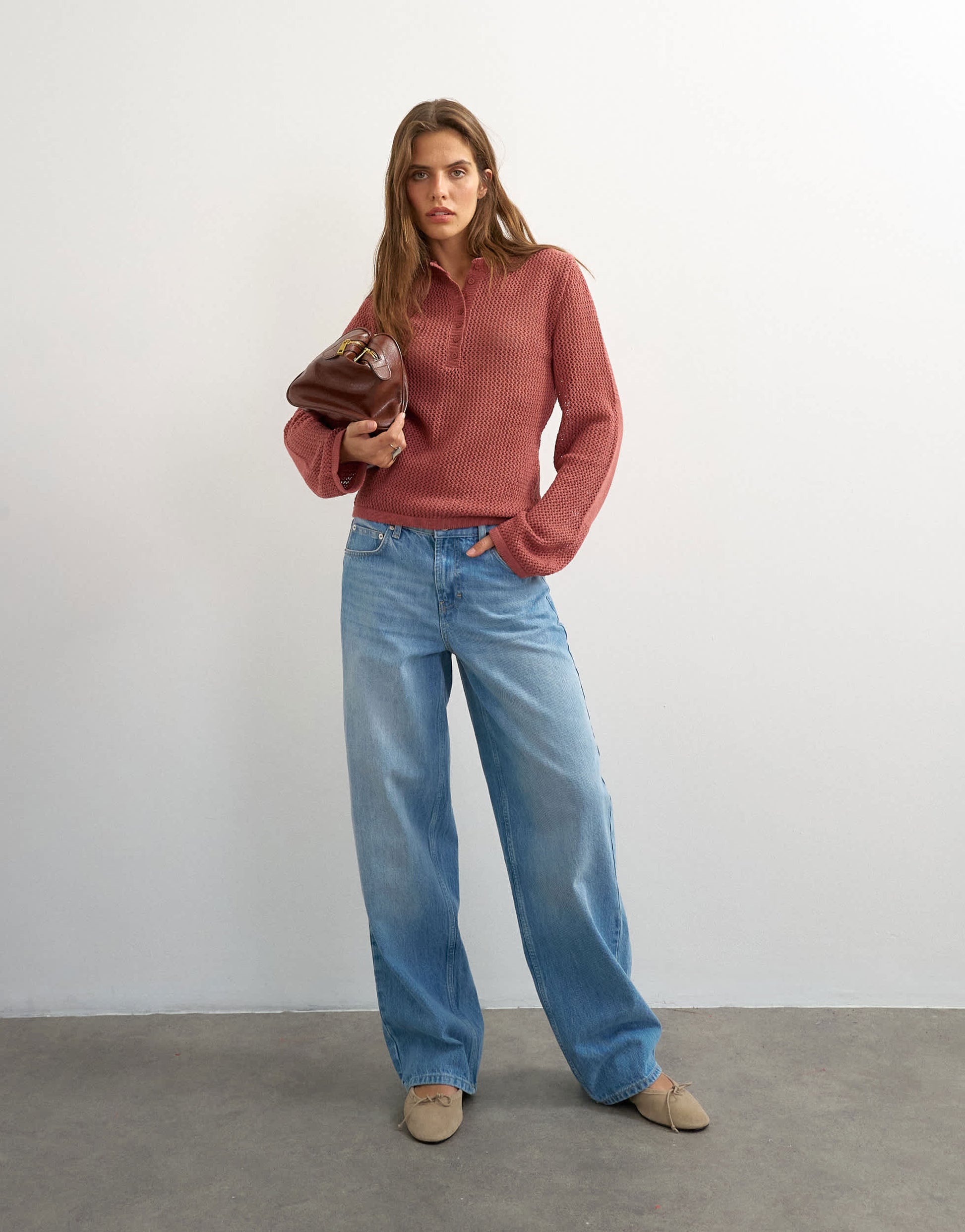 Topshop knitted fine gauge henley top in rust red