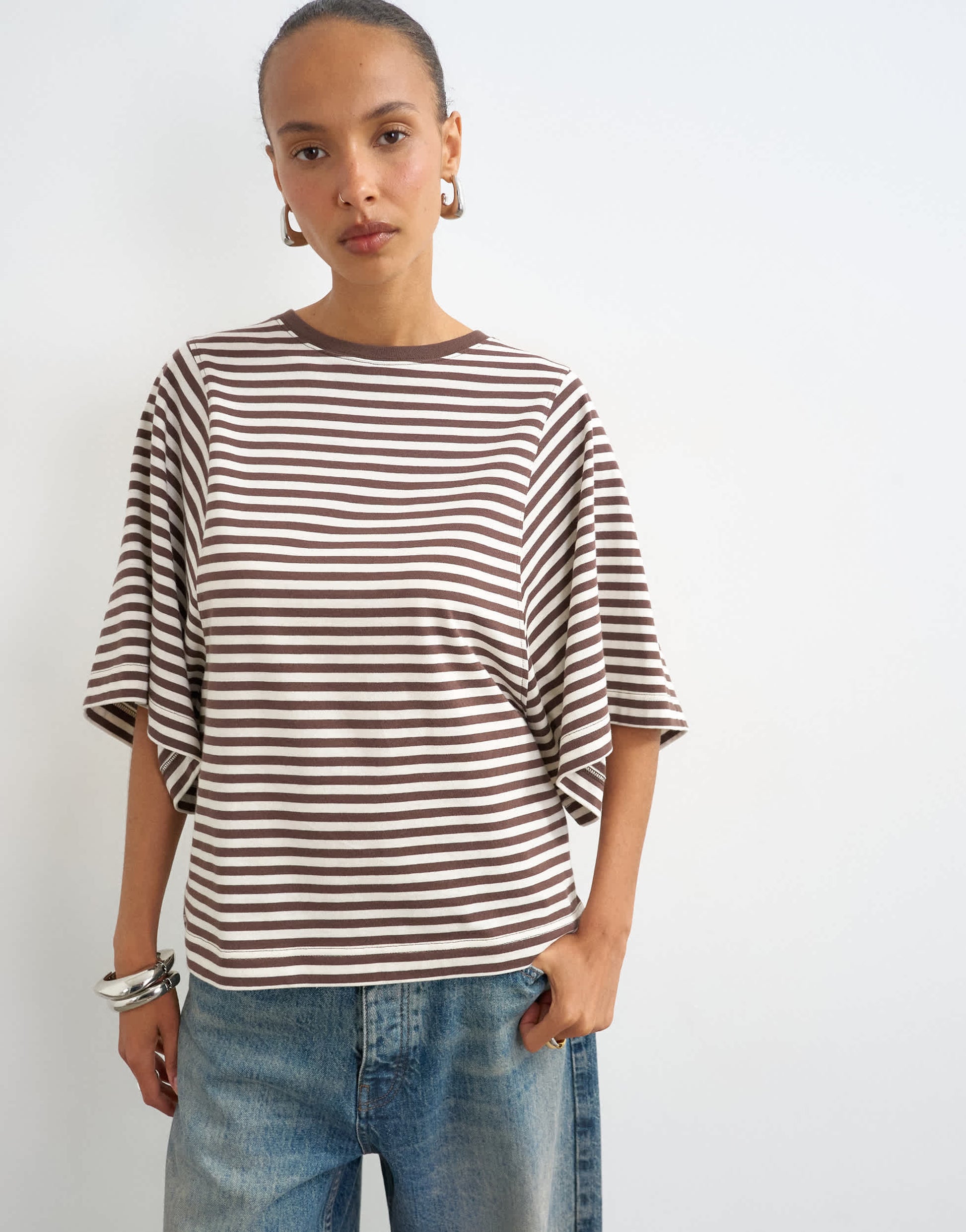Topshop stripe batwing t-shirt in chocolate