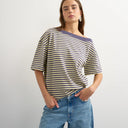 Topshop stripe off shoulder t-shirt in navy