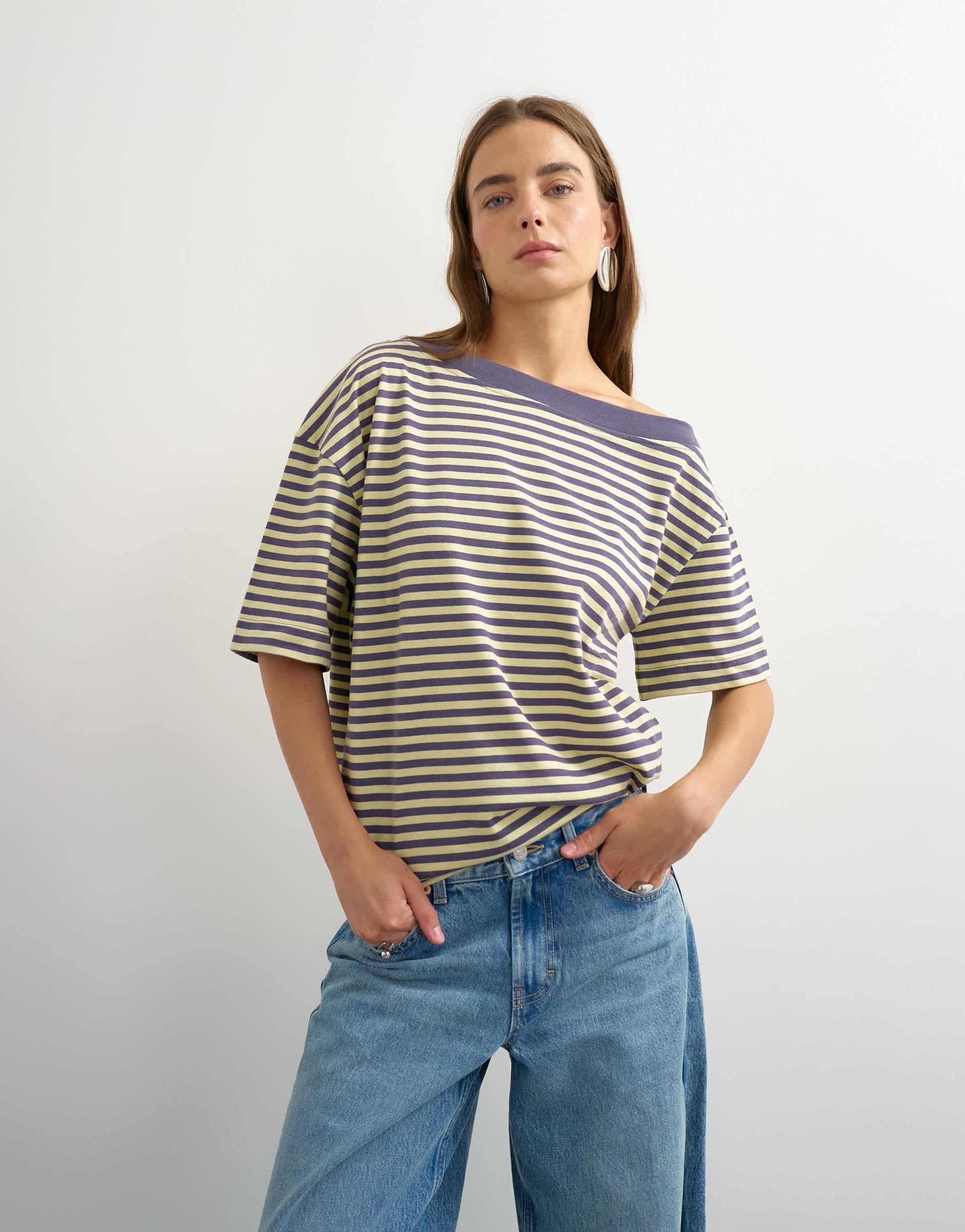 Topshop stripe off shoulder t-shirt in navy