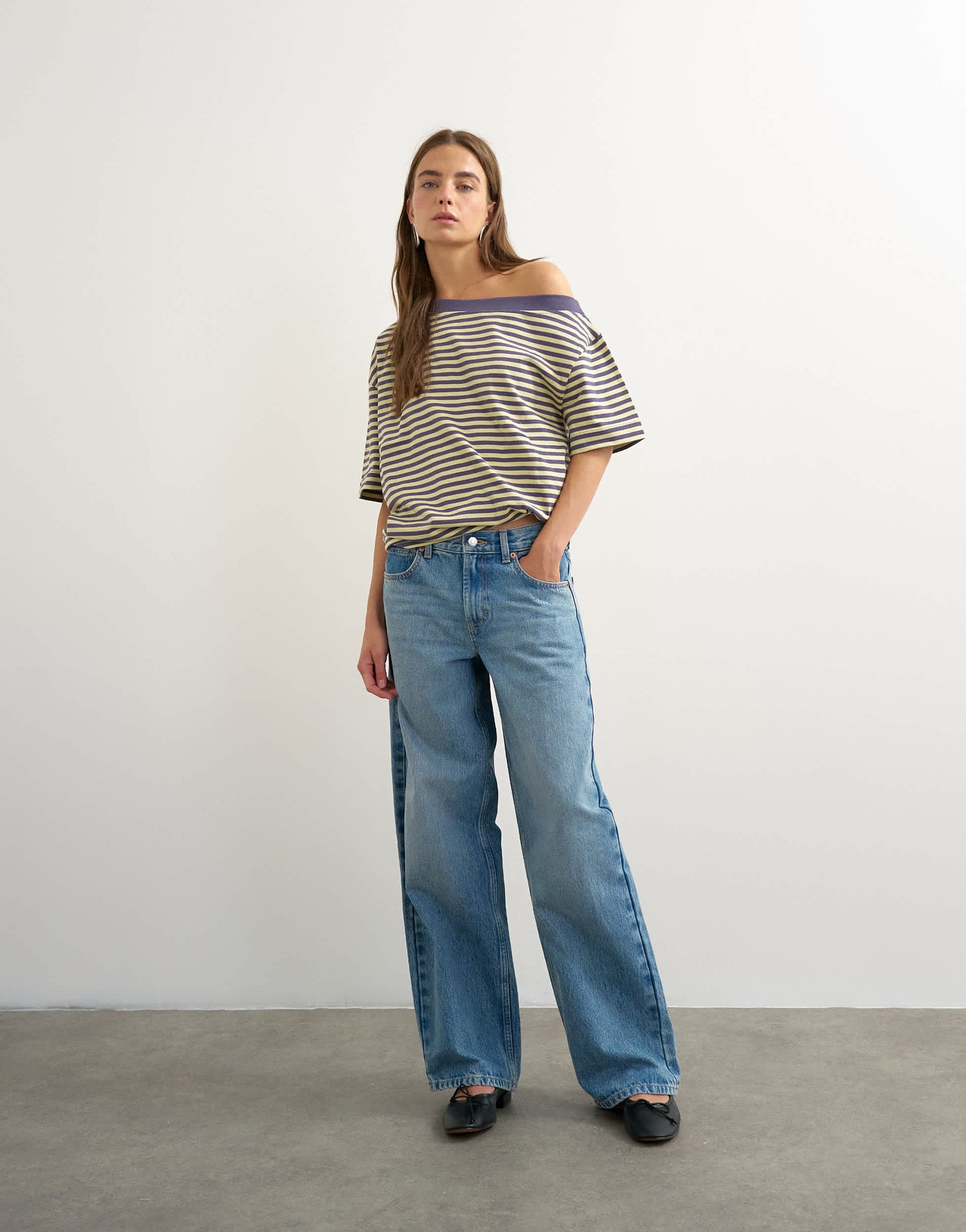 Topshop stripe off shoulder t-shirt in navy