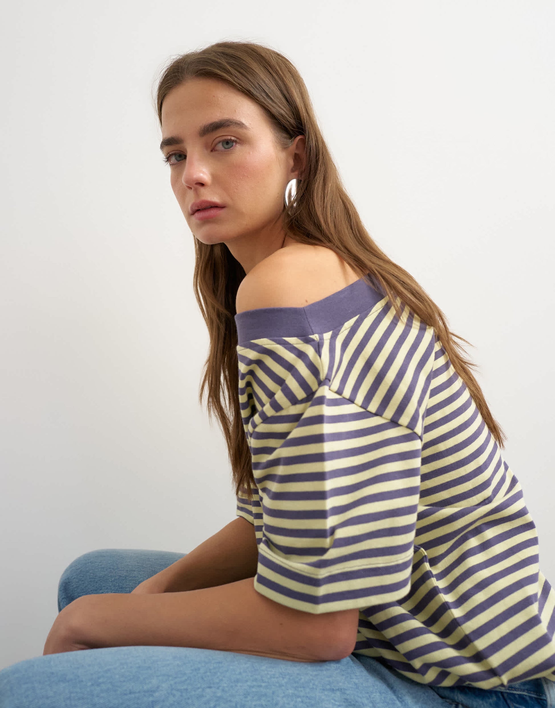 Topshop stripe off shoulder t-shirt in navy