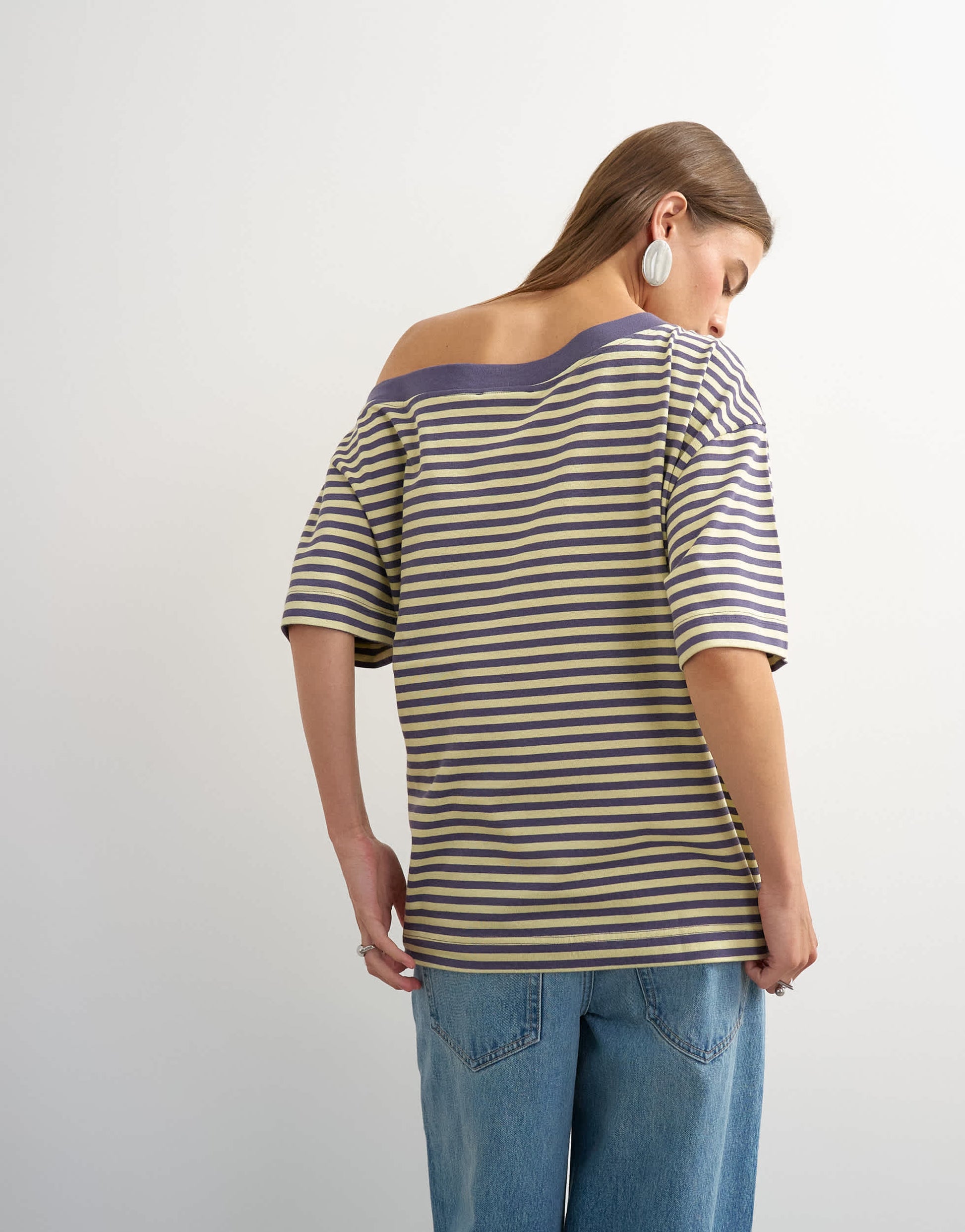 Topshop stripe off shoulder t-shirt in navy