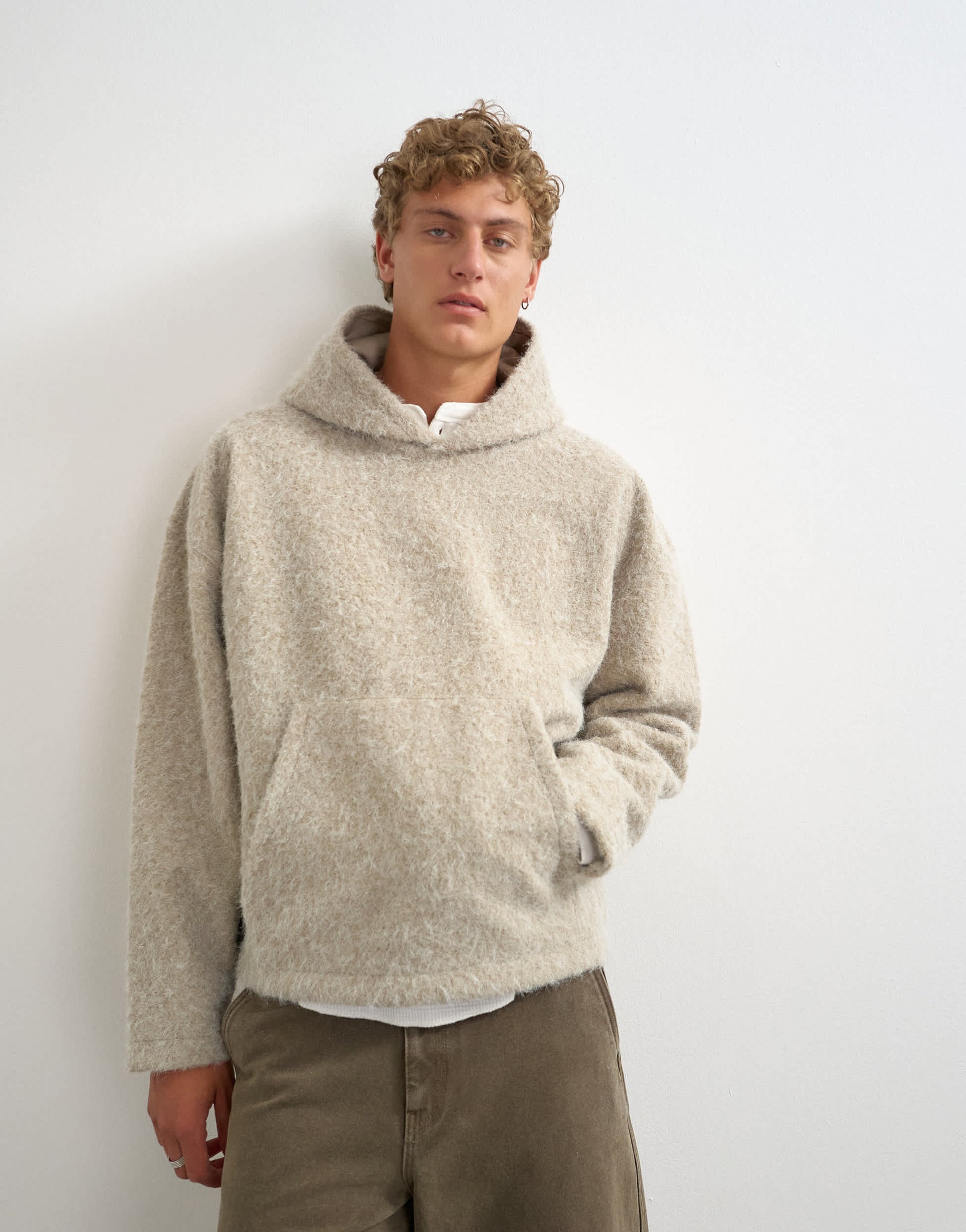 Topman boxy fit brushed borg hoodie in stone
