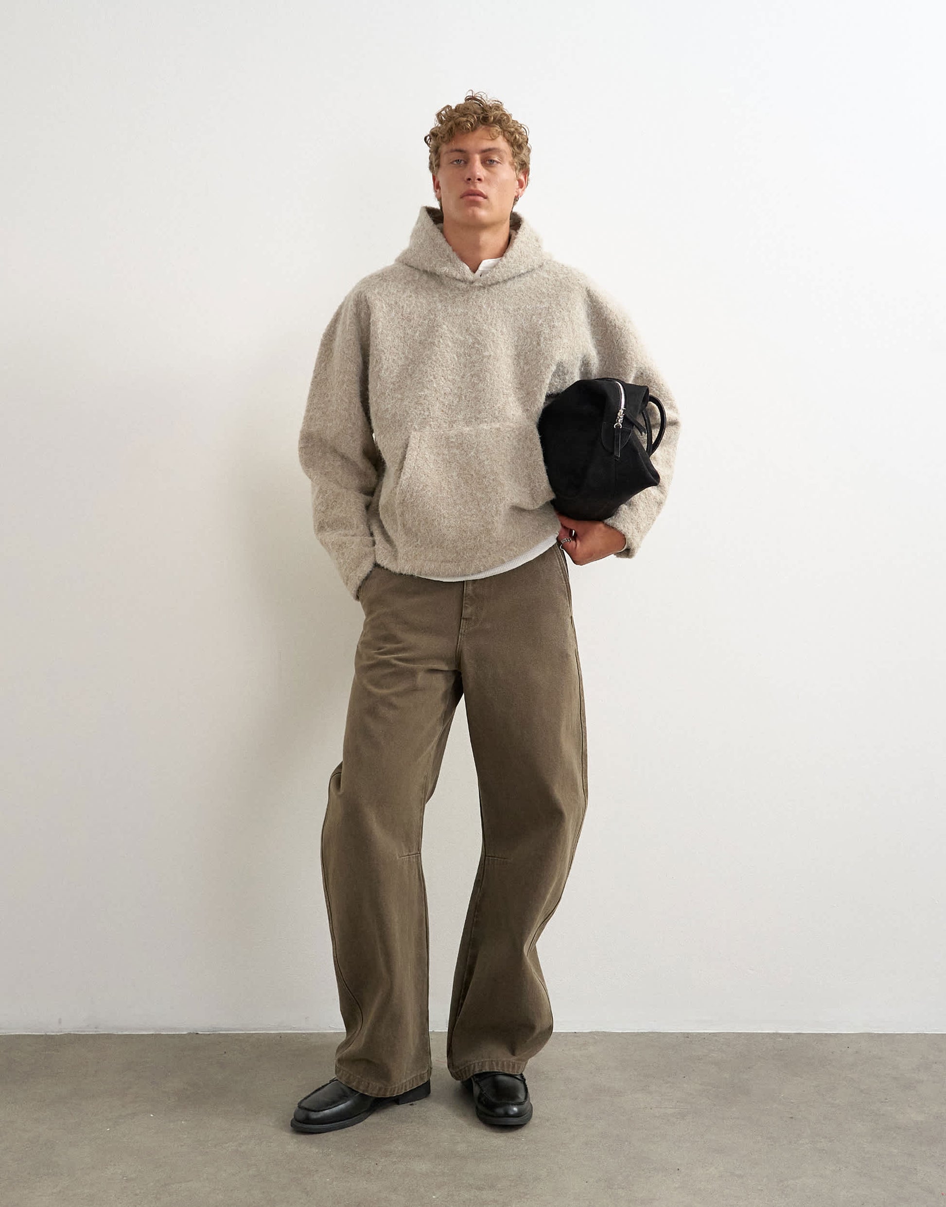Topman boxy fit brushed borg hoodie in stone