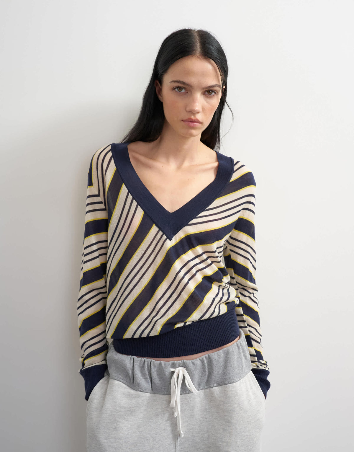 Topshop x Talia Byre semi sheer merino wool v neck jumper in ecru stripe