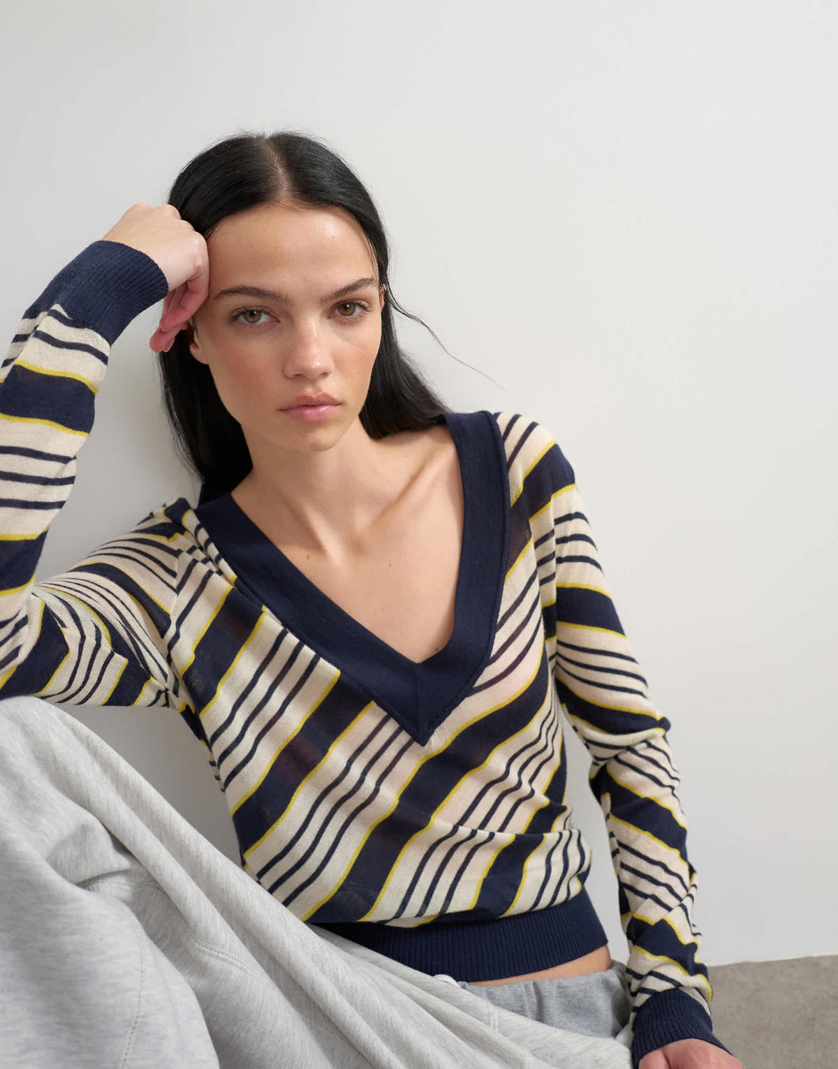 Topshop x Talia Byre semi sheer merino wool v neck jumper in ecru stripe