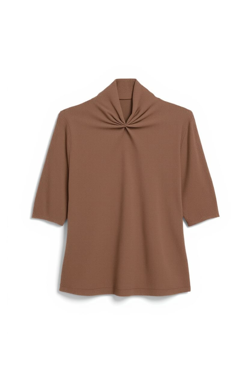 Topshop knitted gathered neck detail half sleeve top in brown
