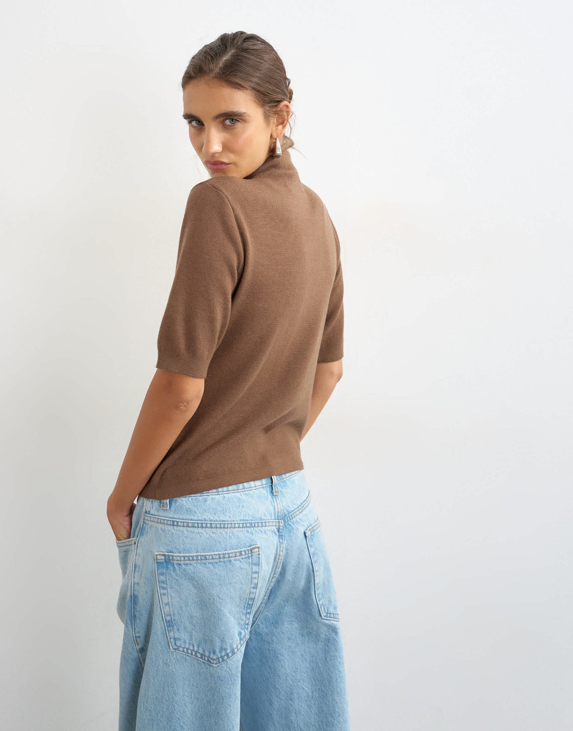 Topshop knitted gathered neck detail half sleeve top in brown