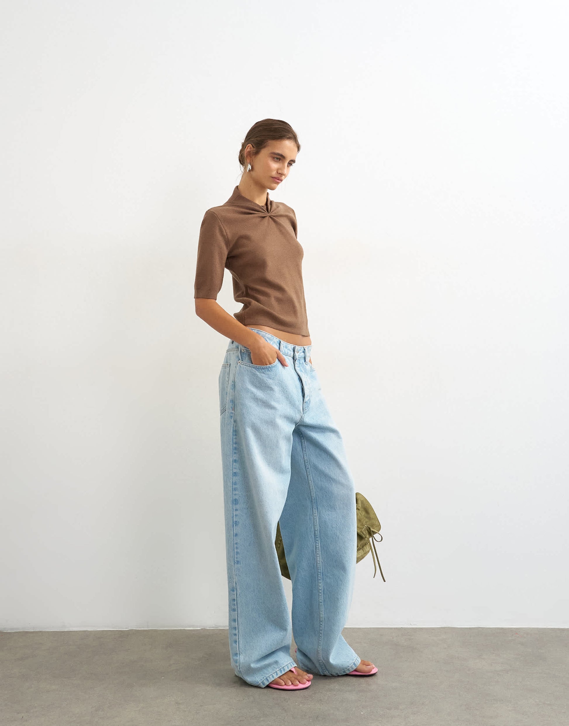 Topshop knitted gathered neck detail half sleeve top in brown