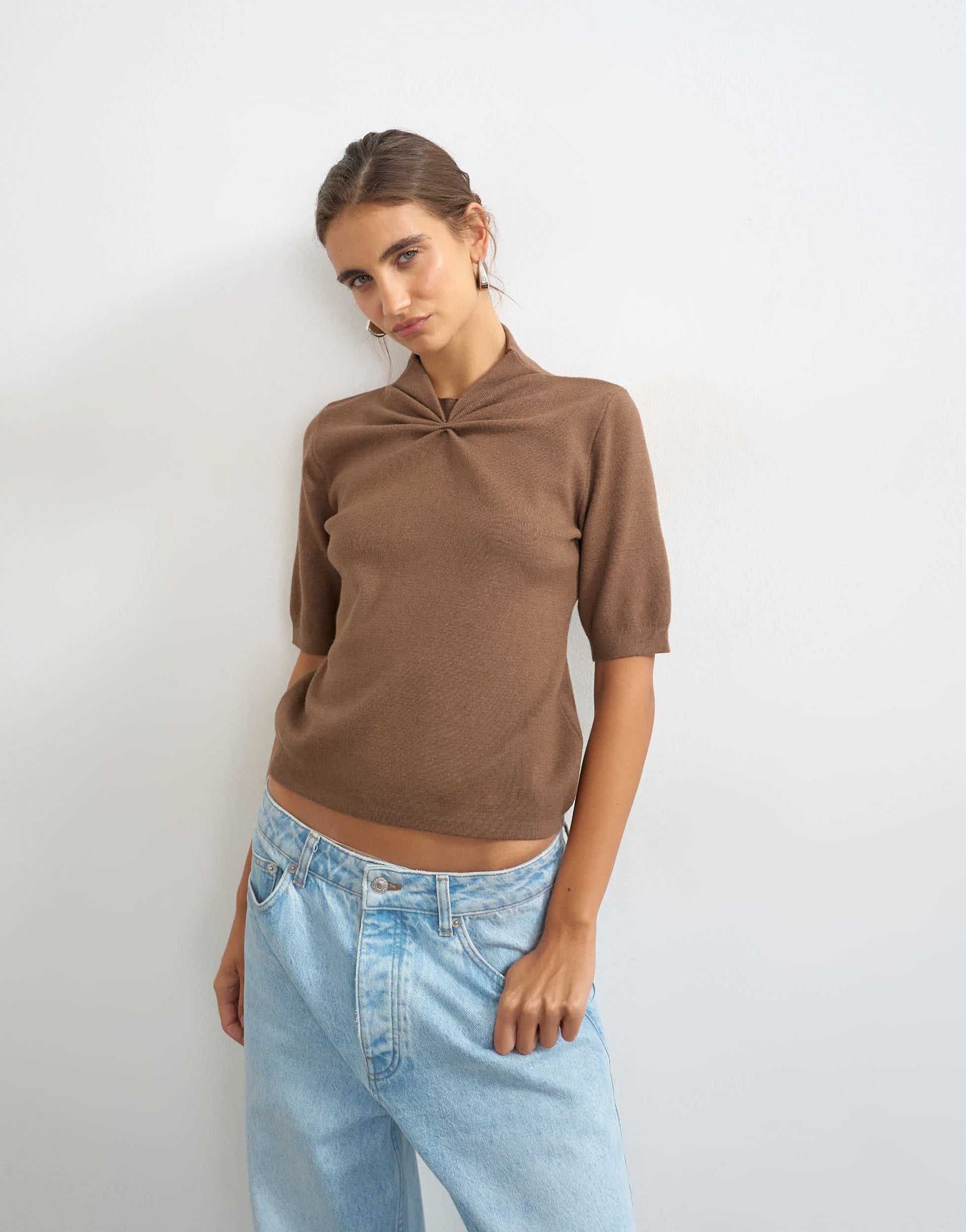 Topshop knitted gathered neck detail half sleeve top in brown