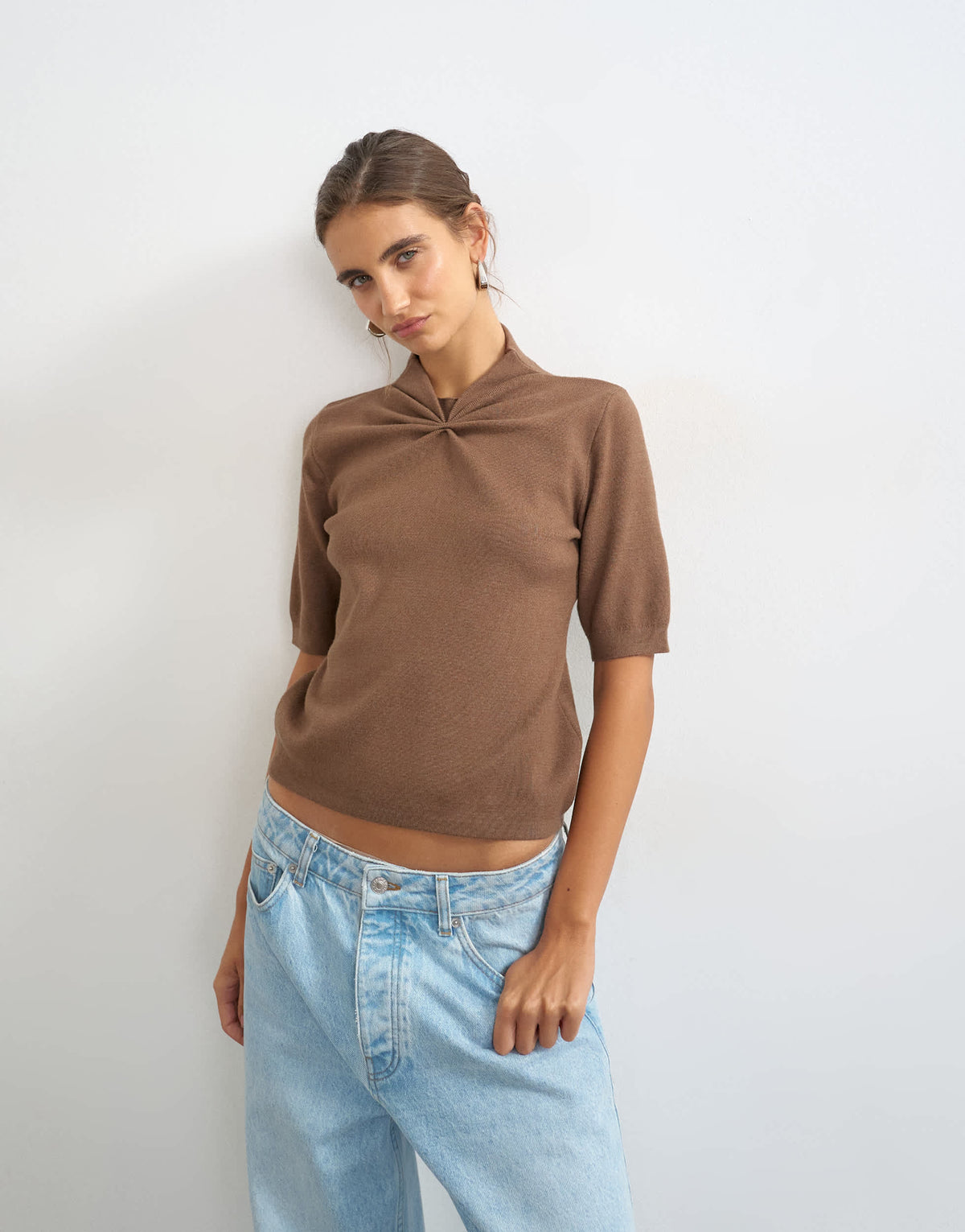 Topshop knitted gathered neck detail half sleeve top in brown