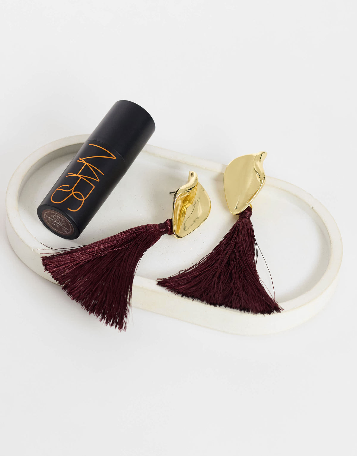 Topshop Emil studded statement tassel earrings in burgundy and gold
