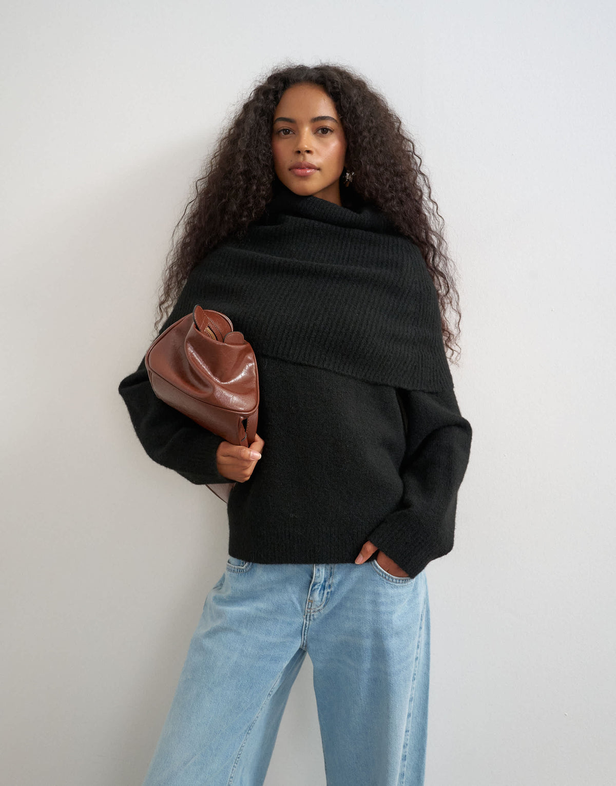 Topshop knitted wool blend deep fold bardot jumper in black