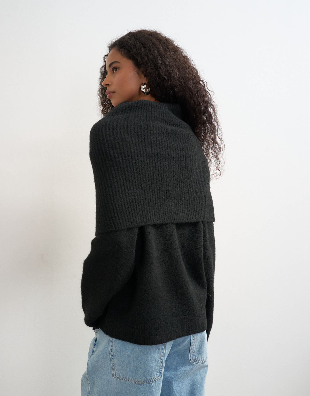 Topshop knitted wool blend deep fold bardot jumper in black