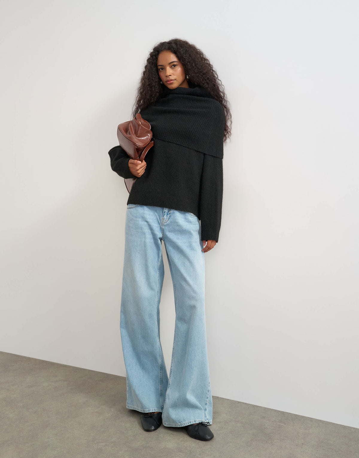 Topshop knitted wool blend deep fold bardot jumper in black