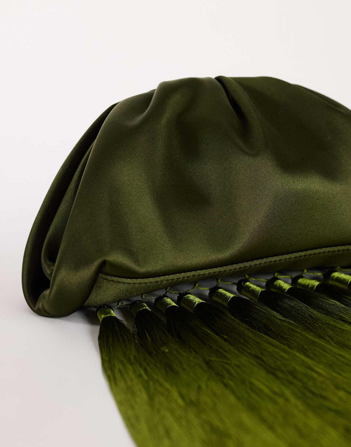 Topshop Evie knot tassel clutch bag in olive satin