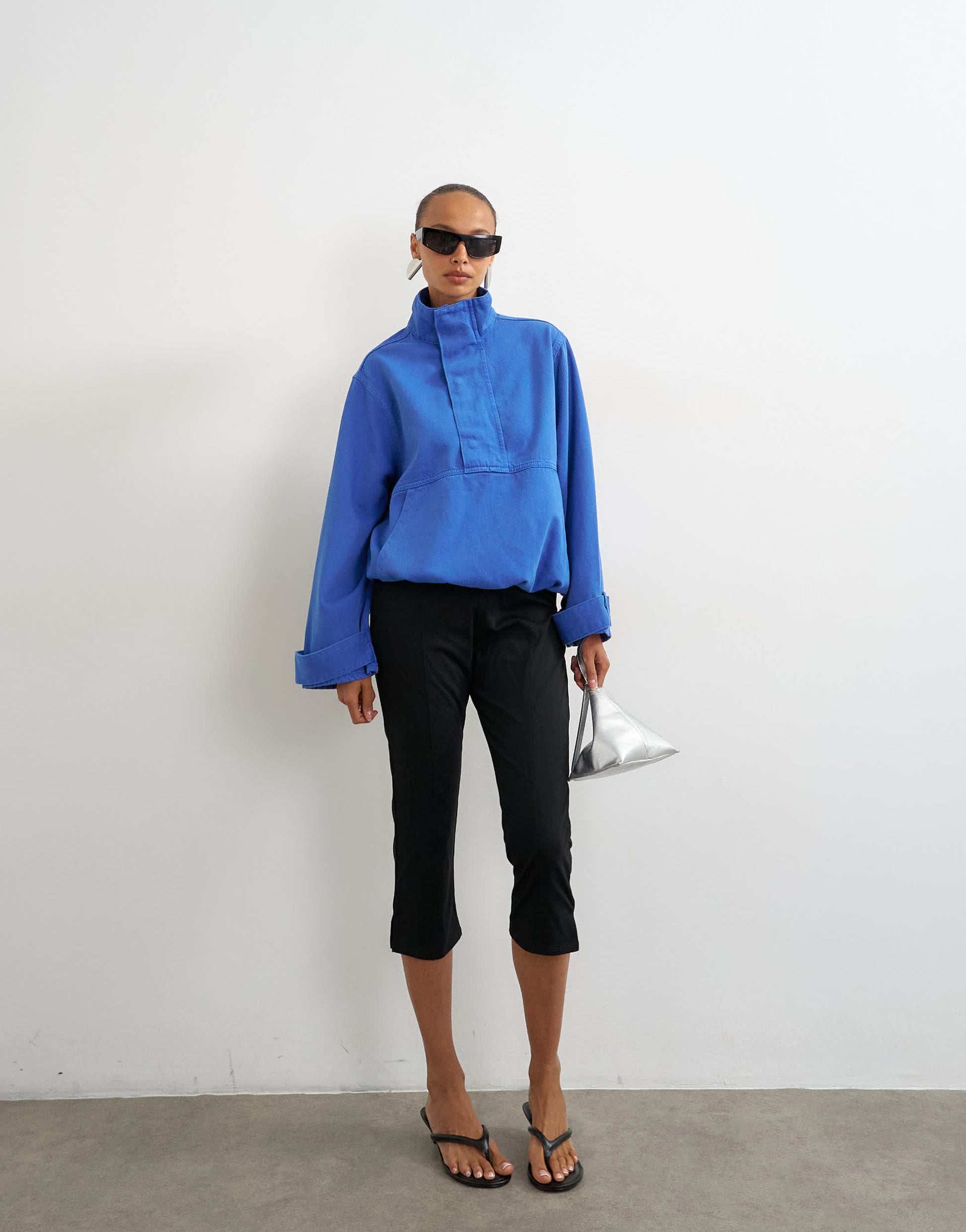 Topshop denim funnel neck bubble hem top in colbalt
