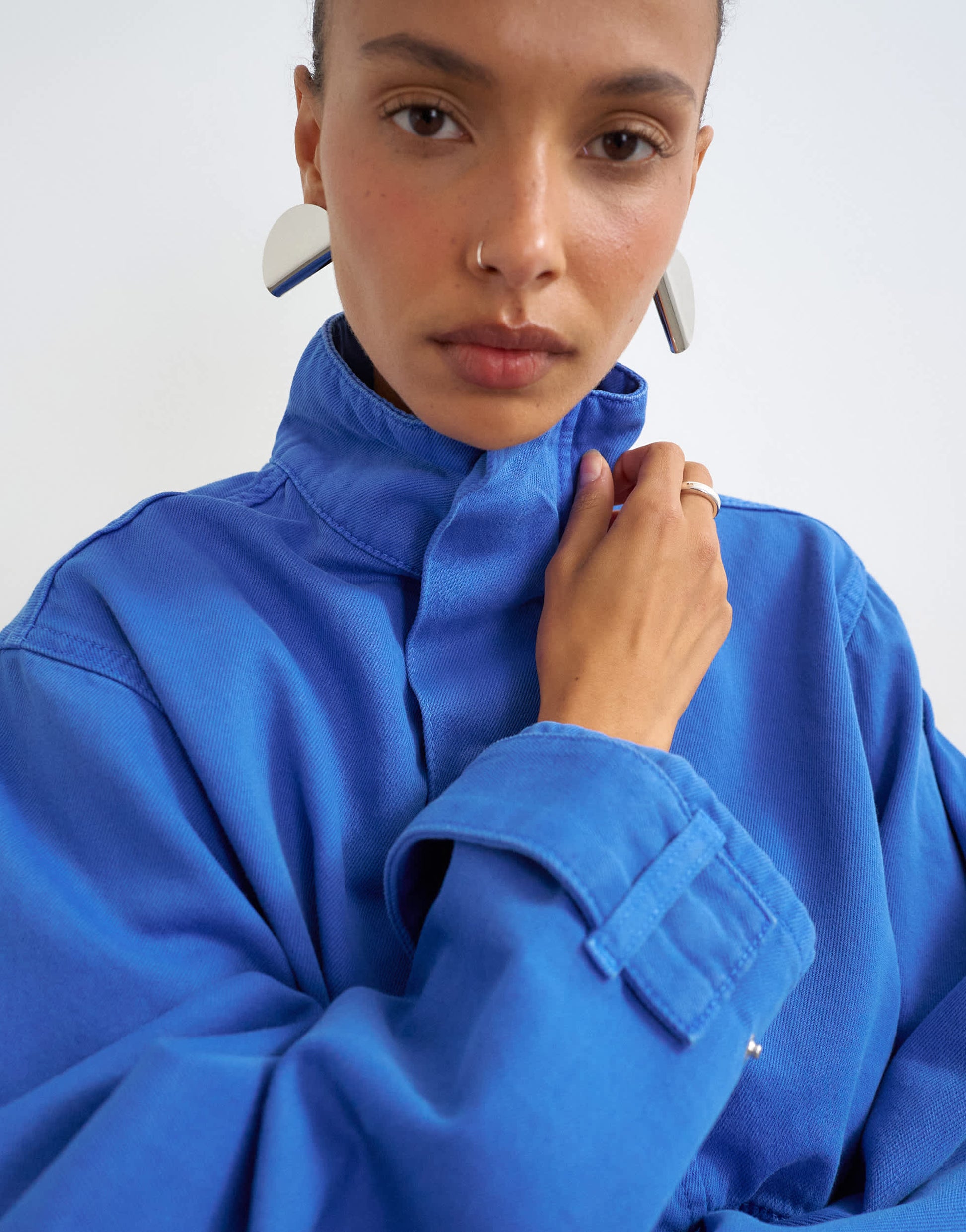 Topshop denim funnel neck bubble hem top in colbalt