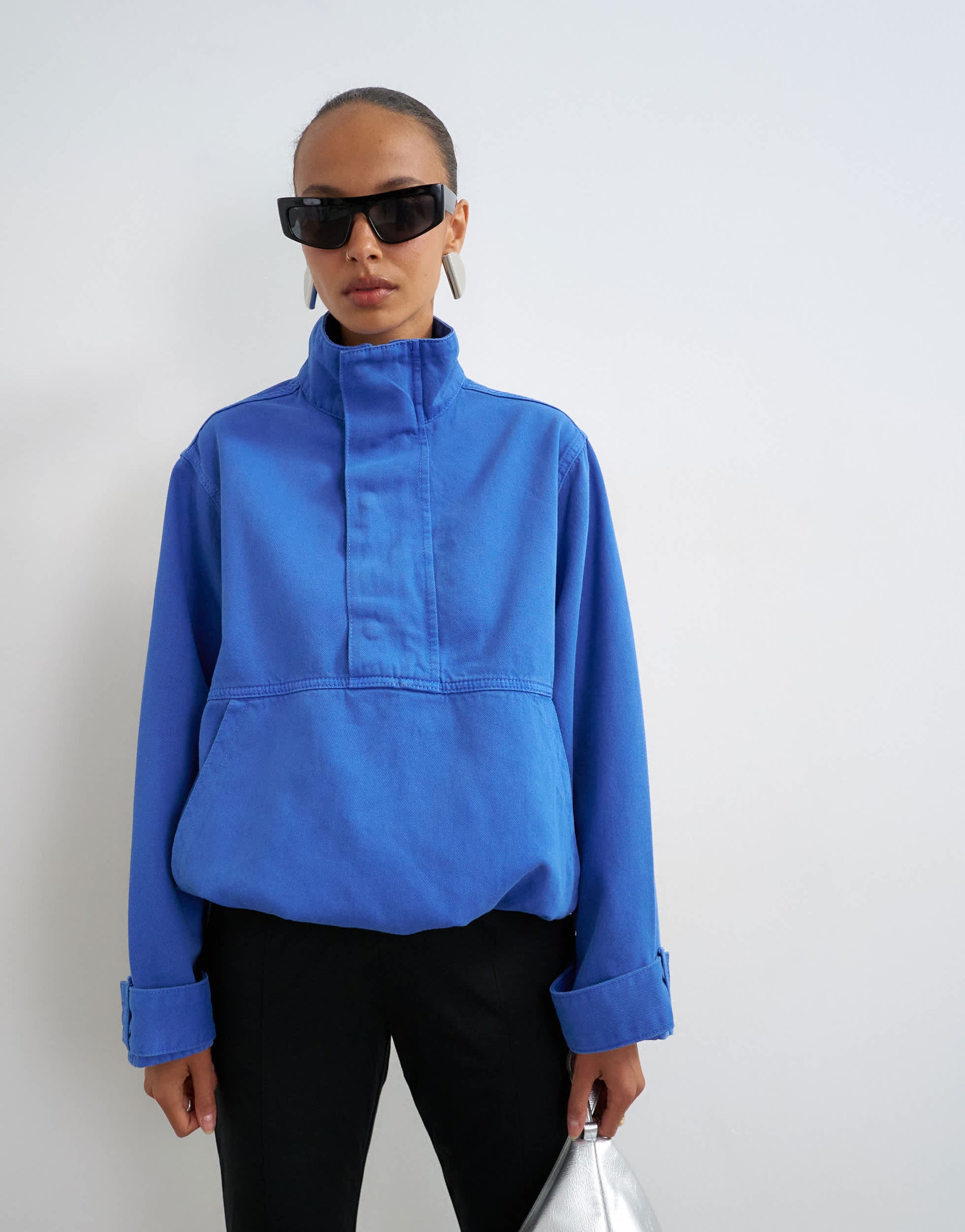 Topshop denim funnel neck bubble hem top in colbalt