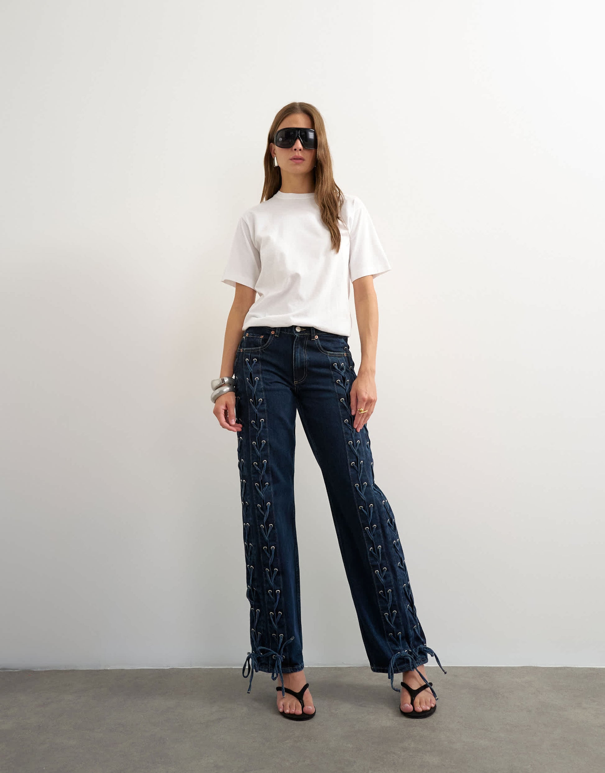 Topshop denim straight leg jean with extreme lace-up in deep blue