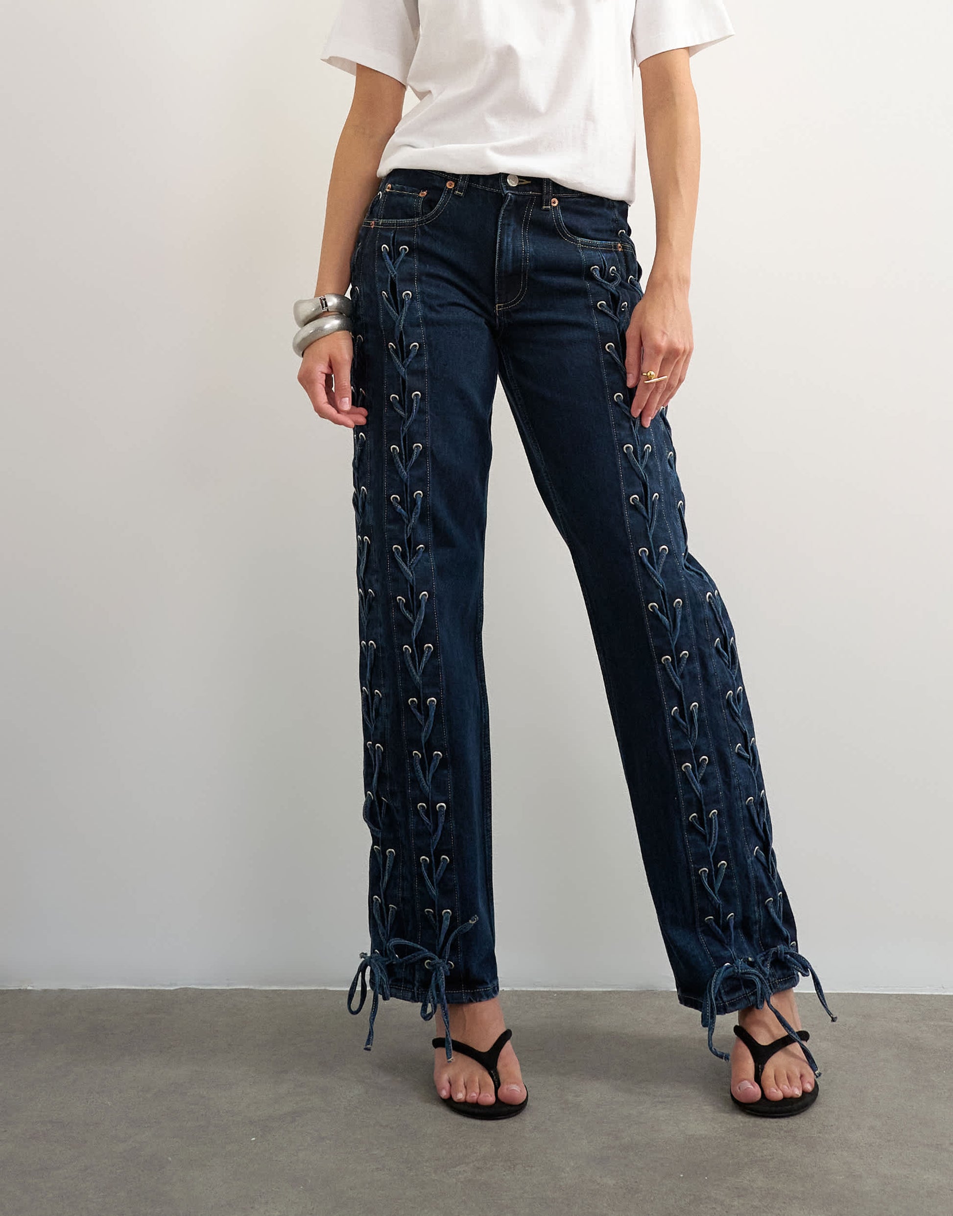 Topshop denim straight leg jean with extreme lace-up in deep blue