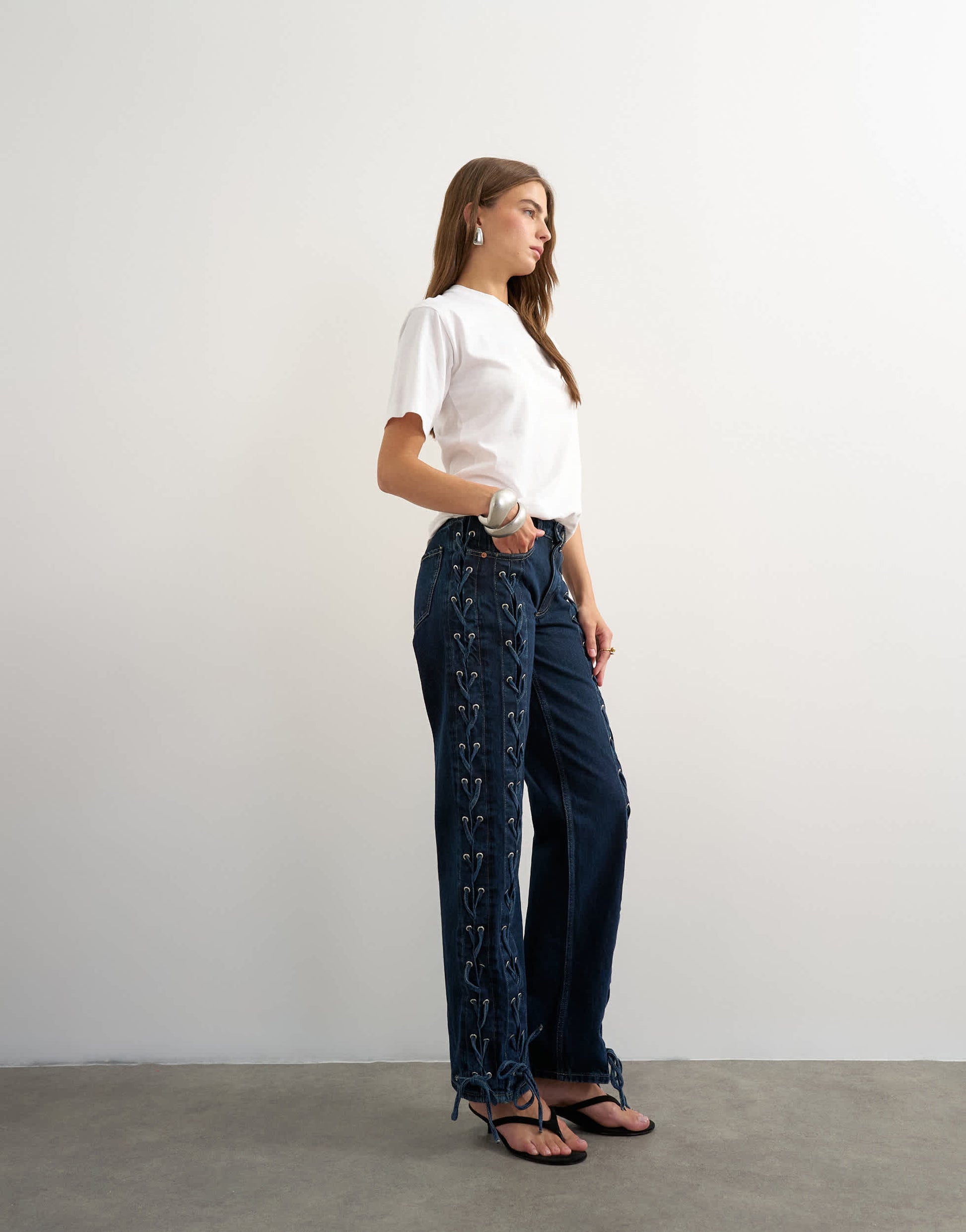 Topshop denim straight leg jean with extreme lace-up in deep blue