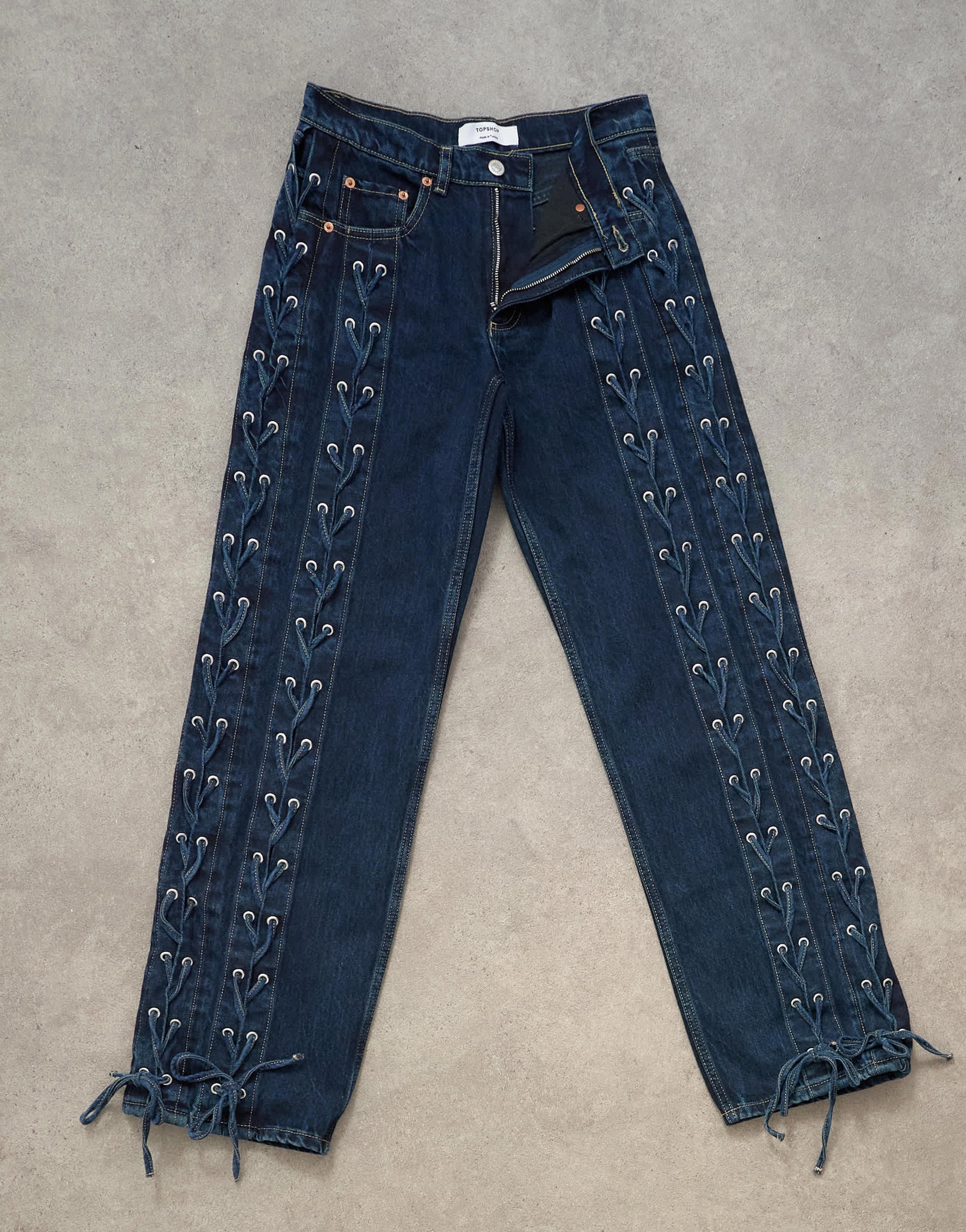 Topshop denim straight leg jean with extreme lace-up in deep blue