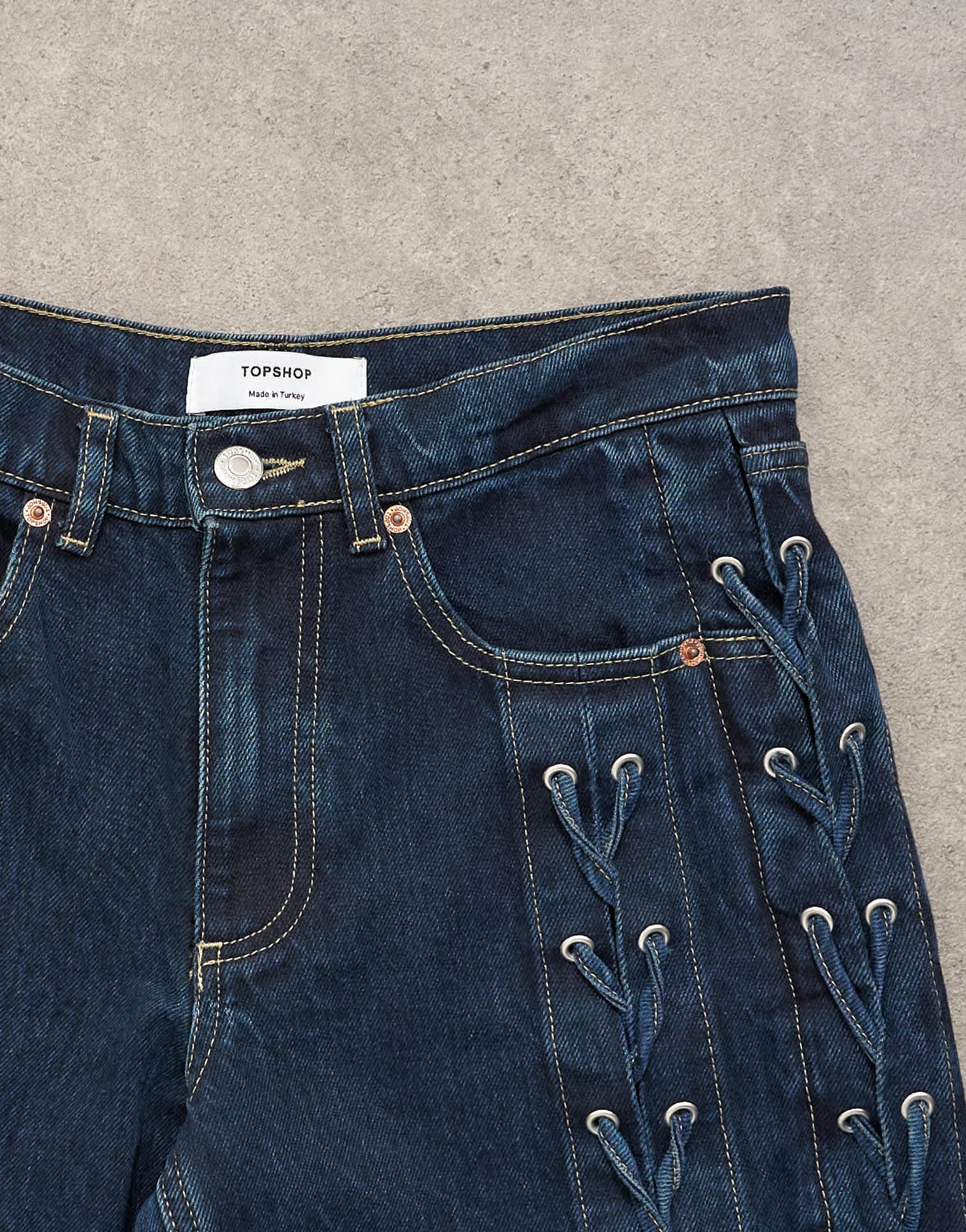 Topshop denim straight leg jean with extreme lace-up in deep blue