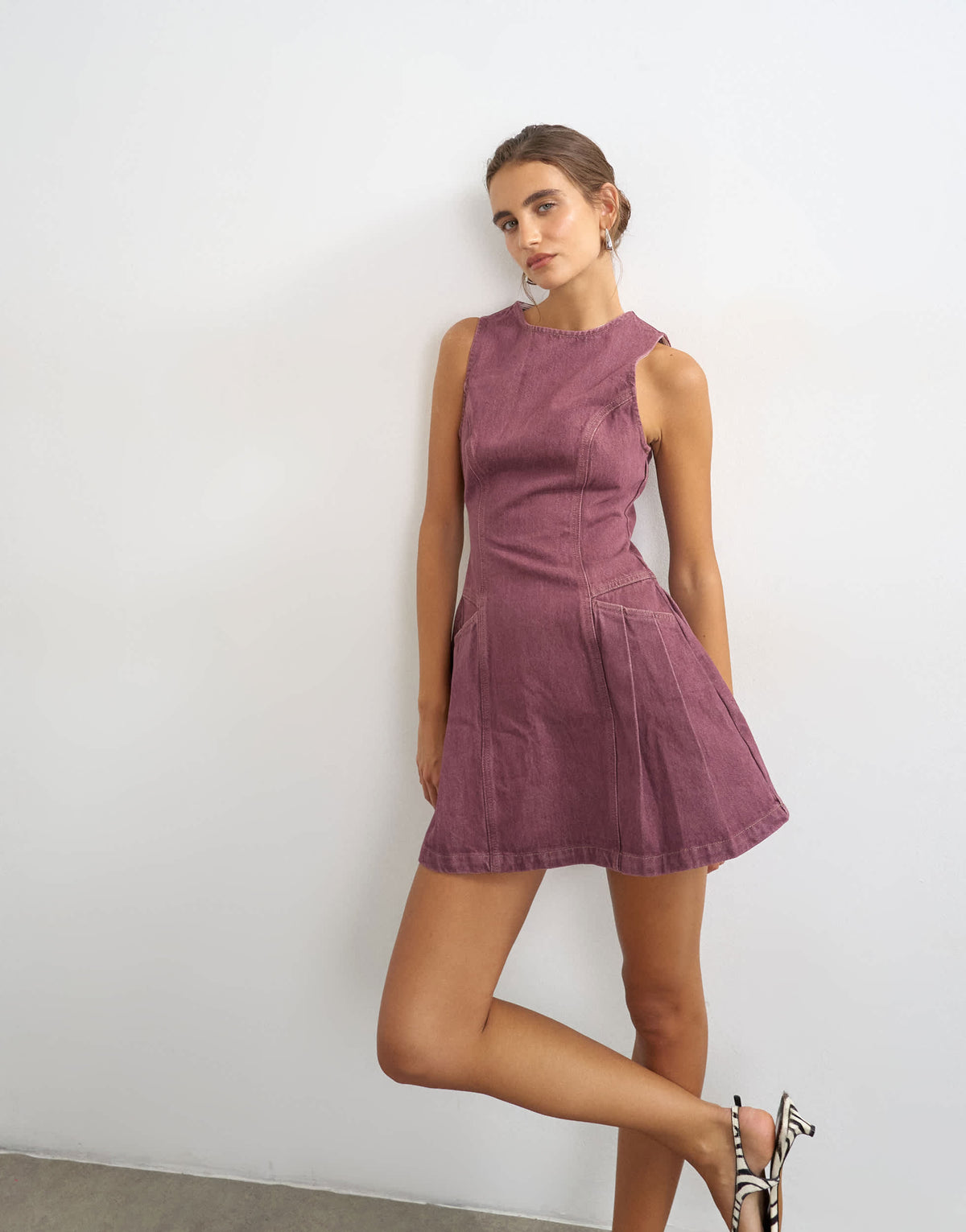Topshop denim pleated pinny dress in plum