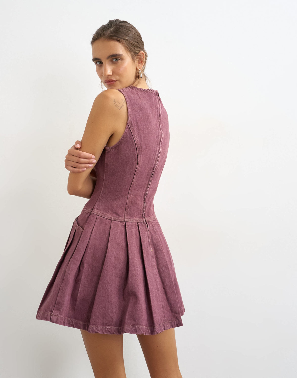 Topshop denim pleated pinny dress in plum