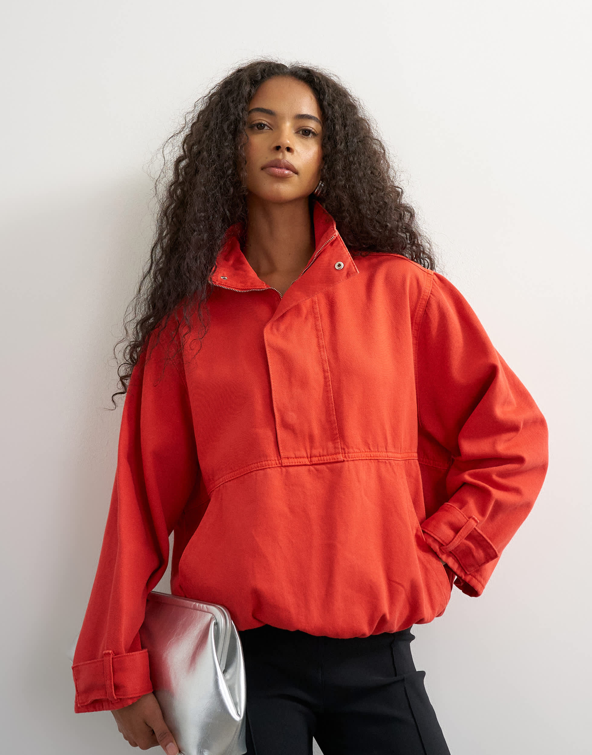 Topshop denim funnel neck bubble hem top in red