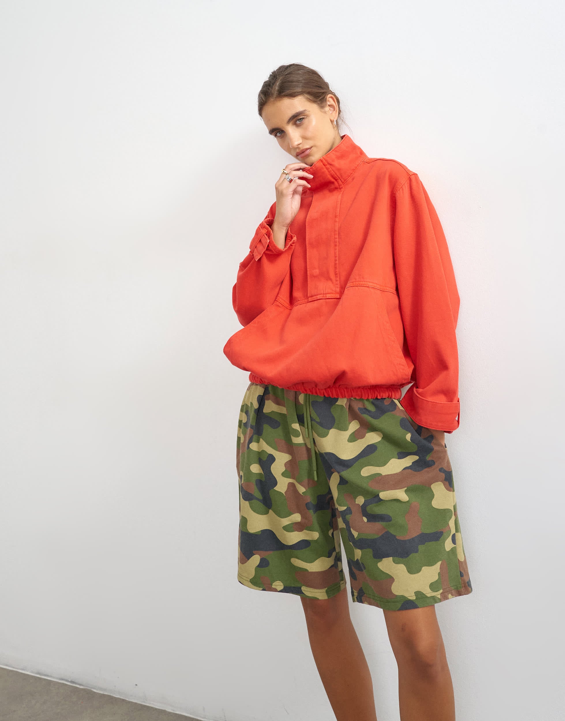 Topshop denim funnel neck bubble hem top in red