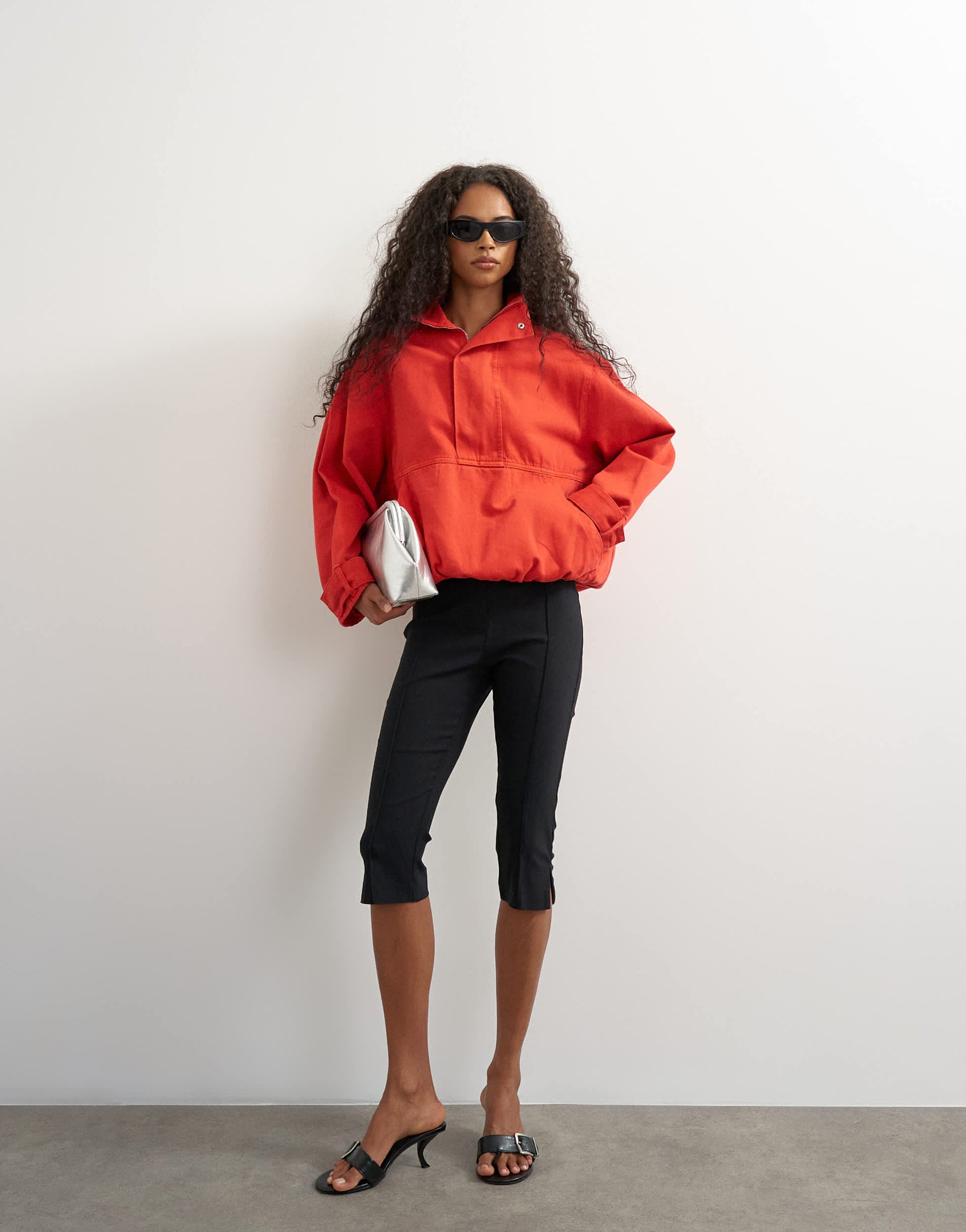 Topshop denim funnel neck bubble hem top in red