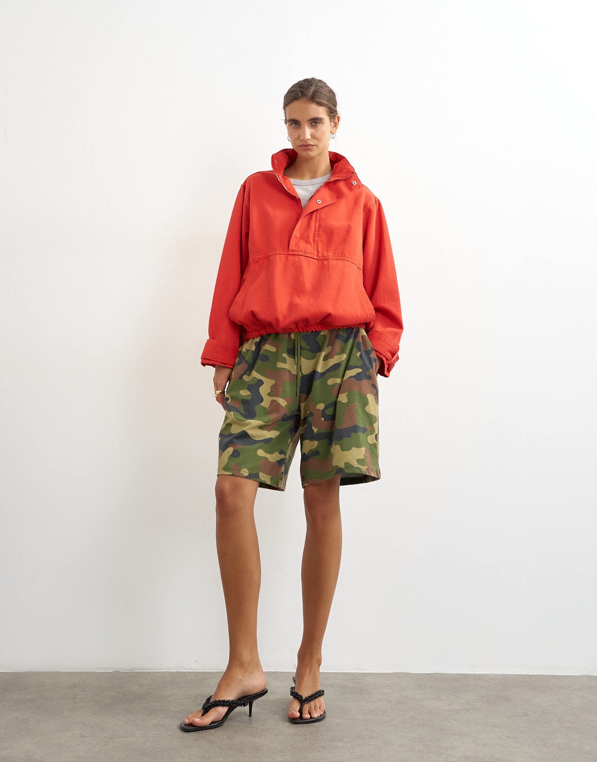 Topshop denim funnel neck bubble hem top in red