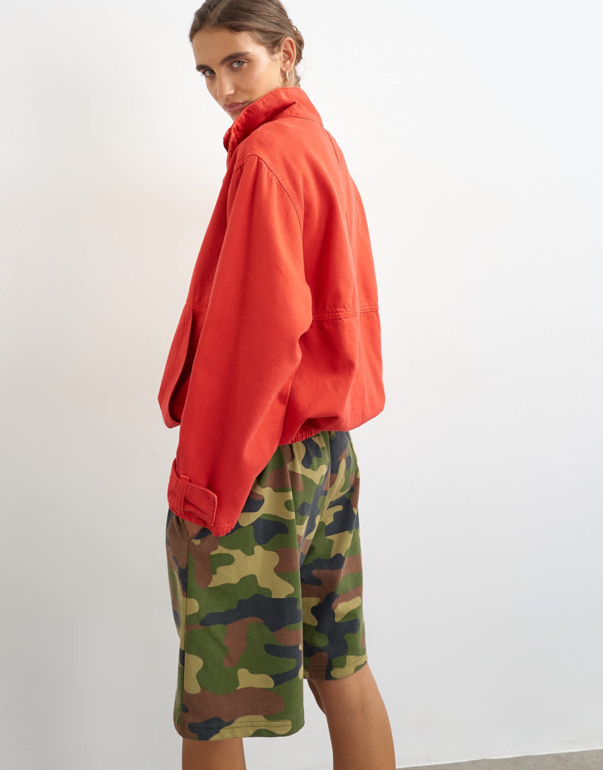 Topshop denim funnel neck bubble hem top in red