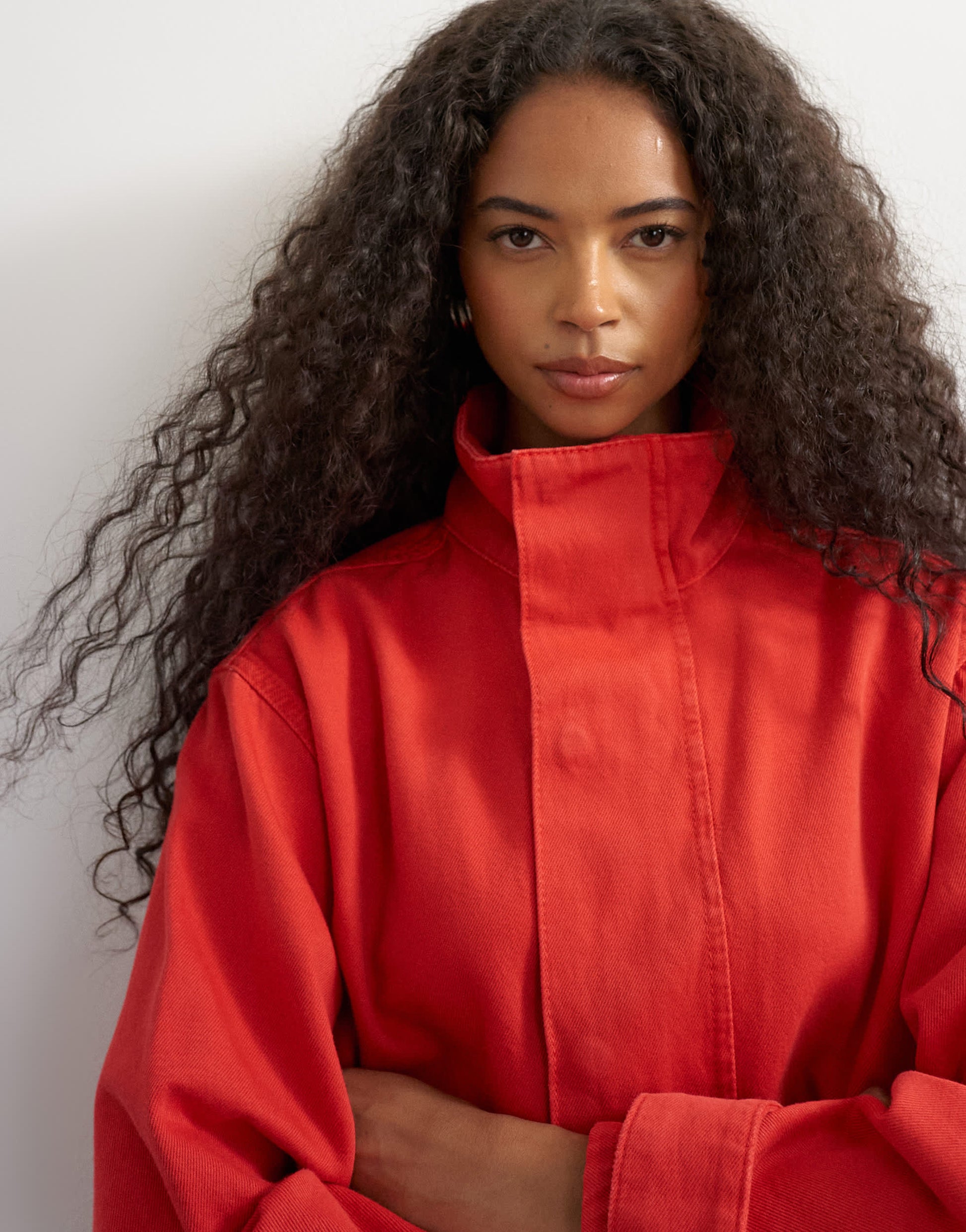 Topshop denim funnel neck bubble hem top in red