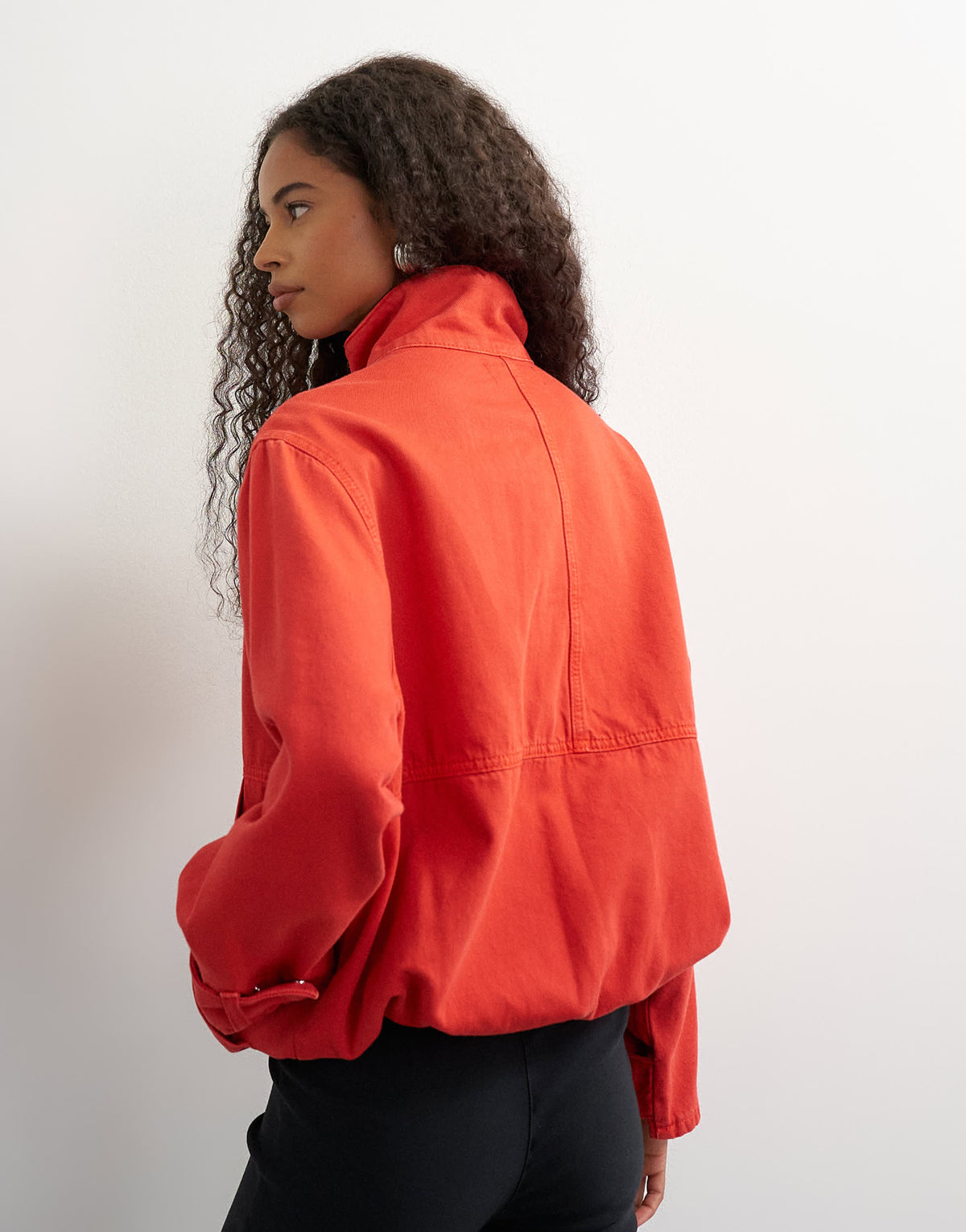 Topshop denim funnel neck bubble hem top in red