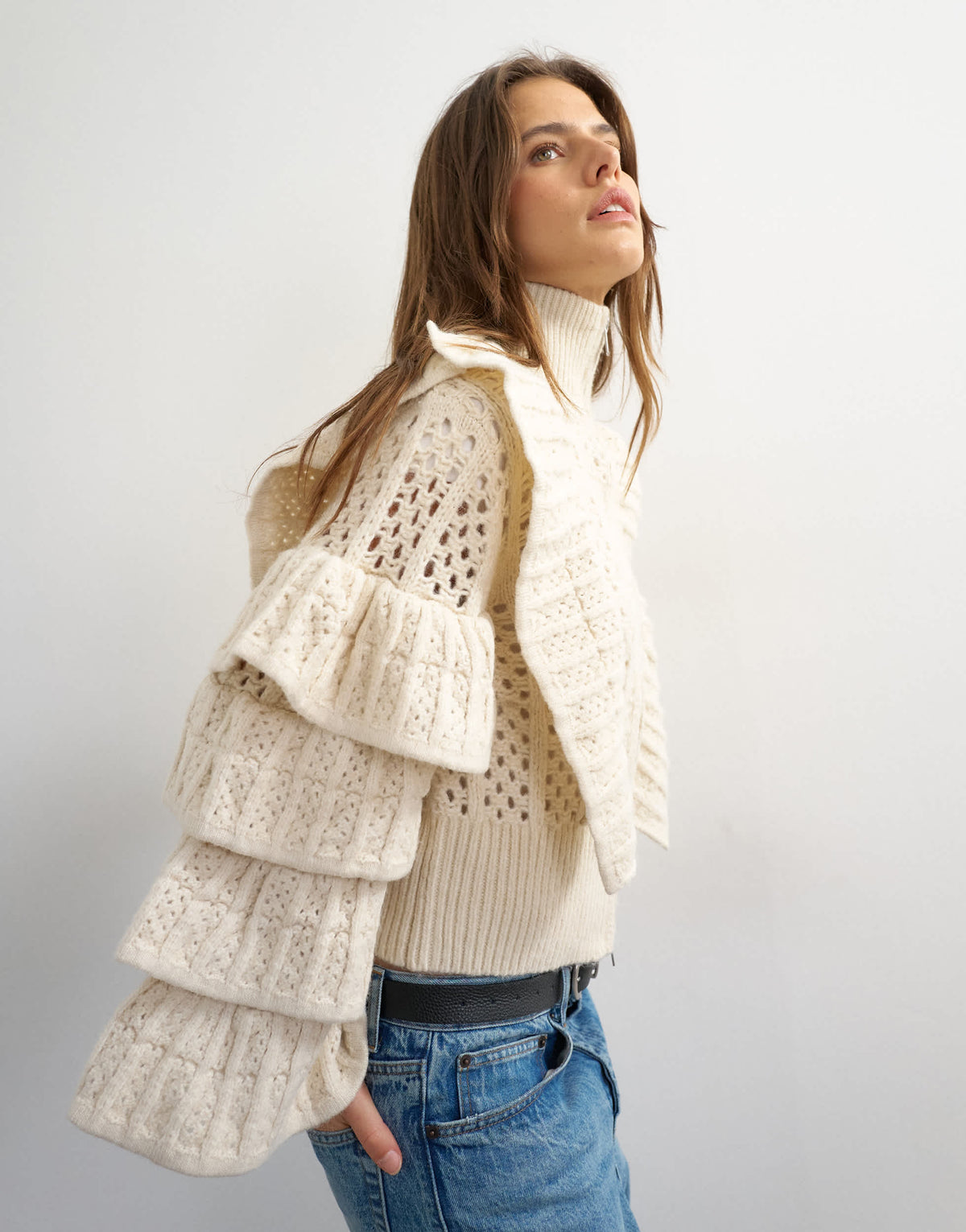 Topshop knitted high funnel neck ruffle zip through jacket in cream
