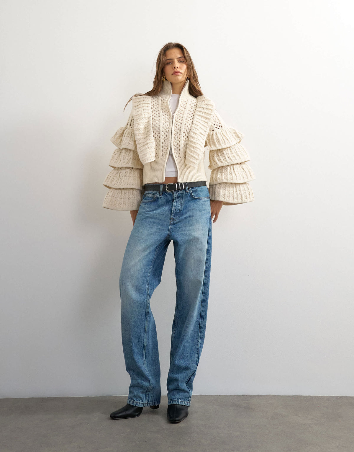 Topshop knitted high funnel neck ruffle zip through jacket in cream