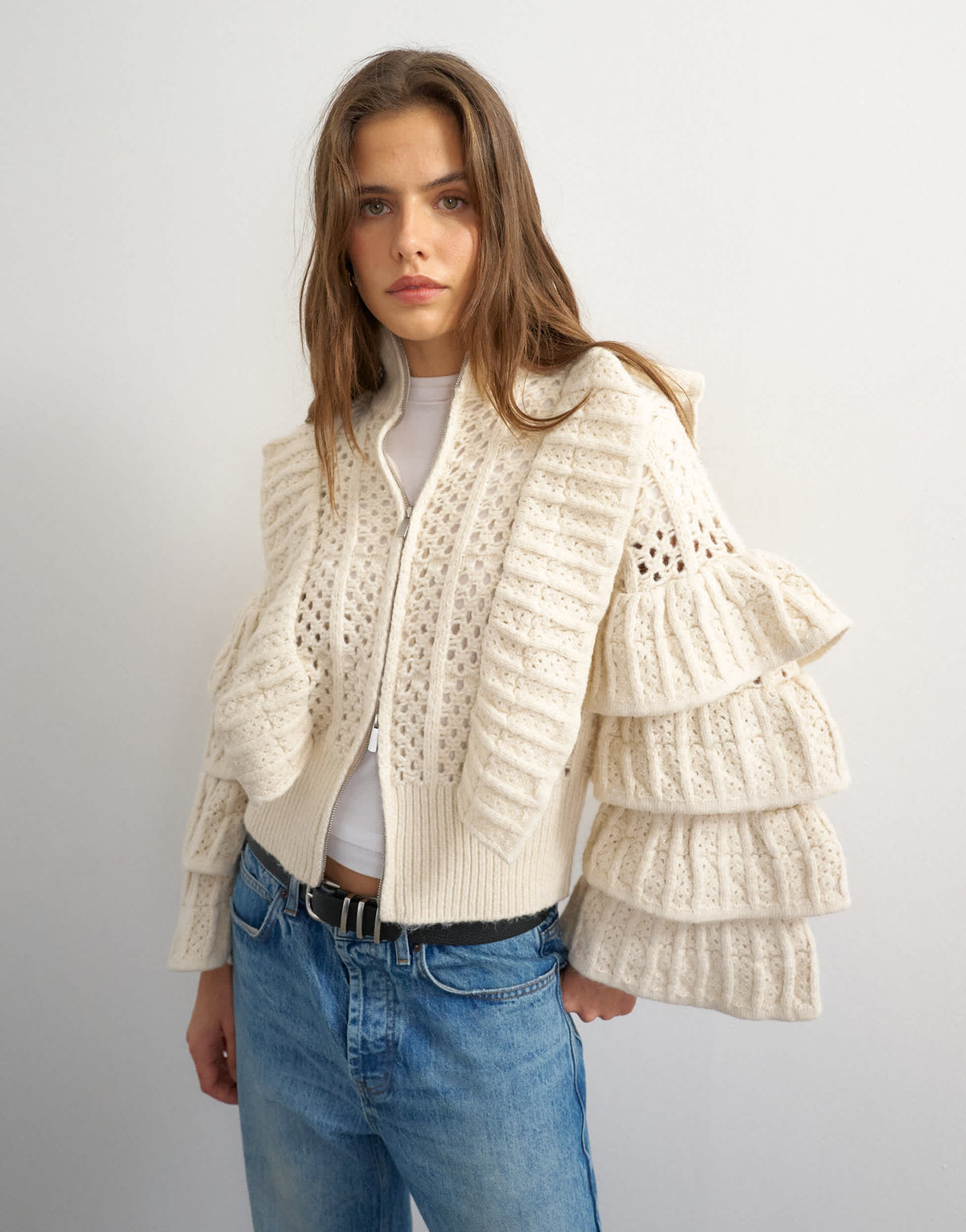 Topshop knitted high funnel neck ruffle zip through jacket in cream