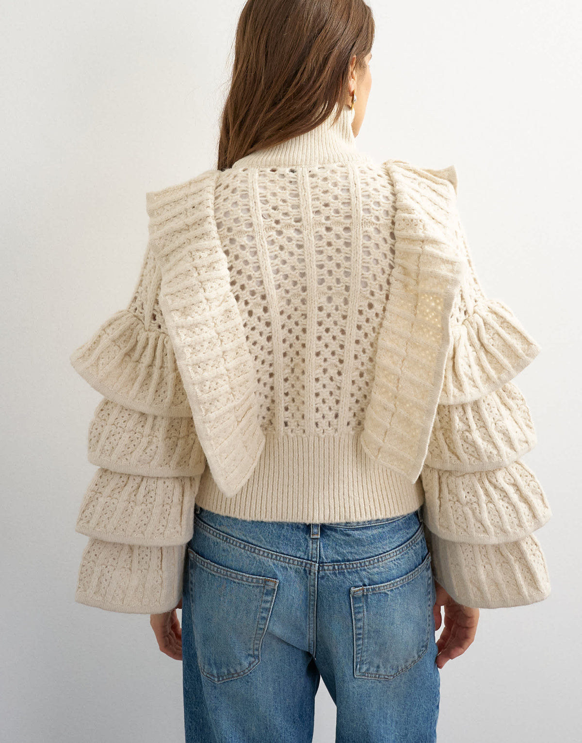 Topshop knitted high funnel neck ruffle zip through jacket in cream